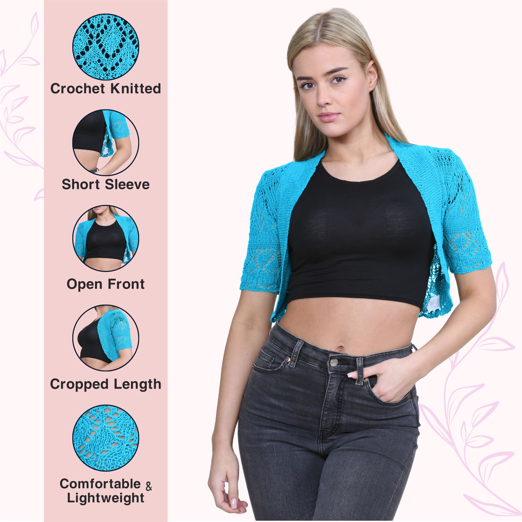 Womens Crochet Knitted Bolero Shrug Short Sleeve Open Front Cardigan Crop Top - Picture 166 of 186