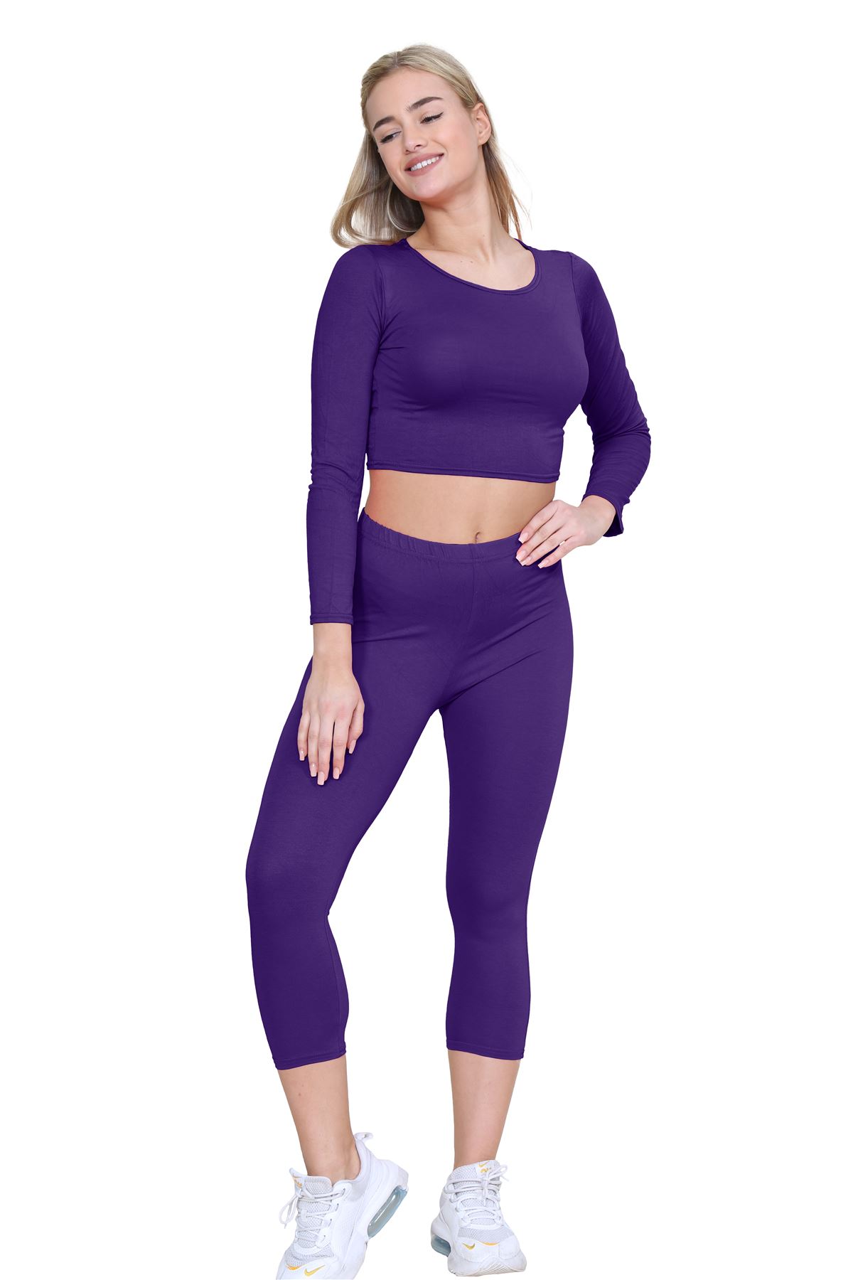 Womens 3/4 Leggings Workout Tight Plain Stretchy Cropped Capri Active Pants - Picture 126 of 186