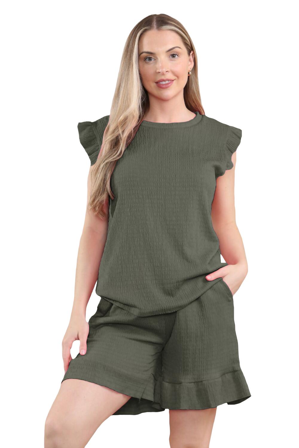 Conjunto corto de 2 piezas italiano para mujer conjunto de ropa de salón de verano con volantes sin mangas - Imagen 26 de 61