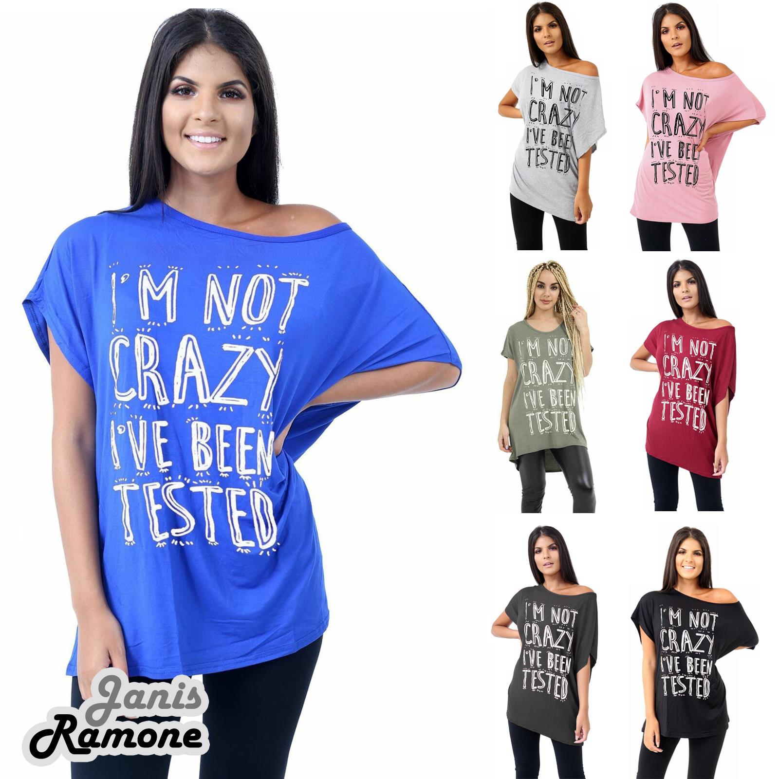 Ladies Slogan Printed Off Shoulder Batwing Sleeve Bardot Oversized T-Shirt Top