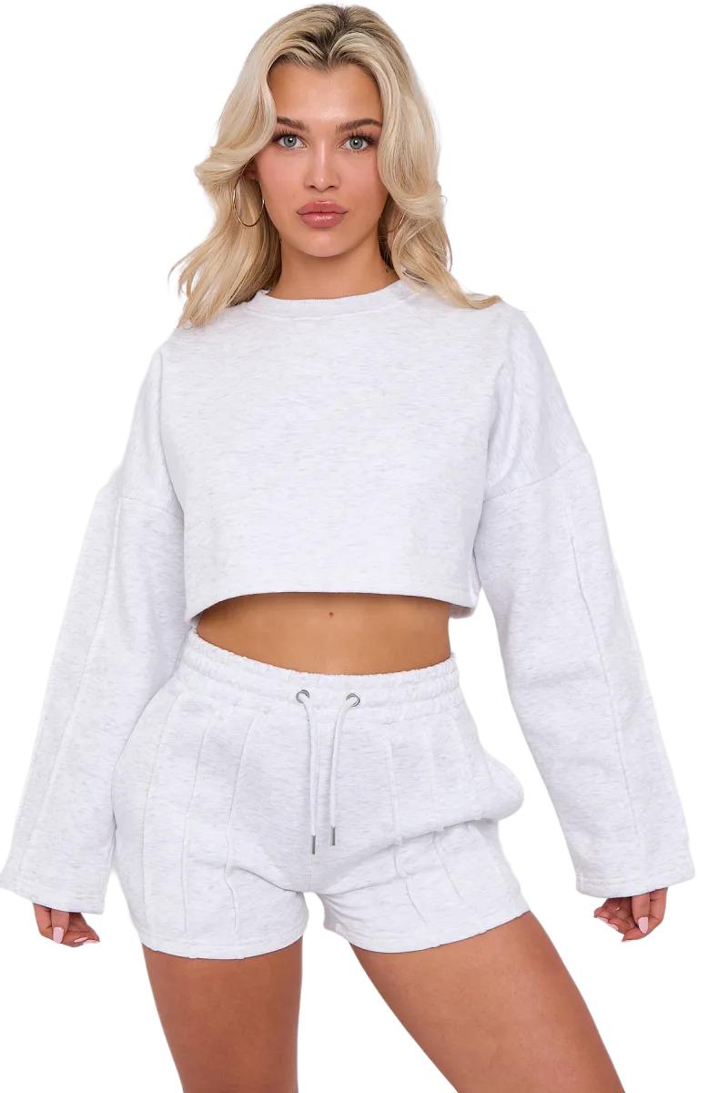 Womens Pleated Lined Crop Top Shorts Set 2 Pcs Co-ord Fleece Loungewear Suit - Picture 8 of 36