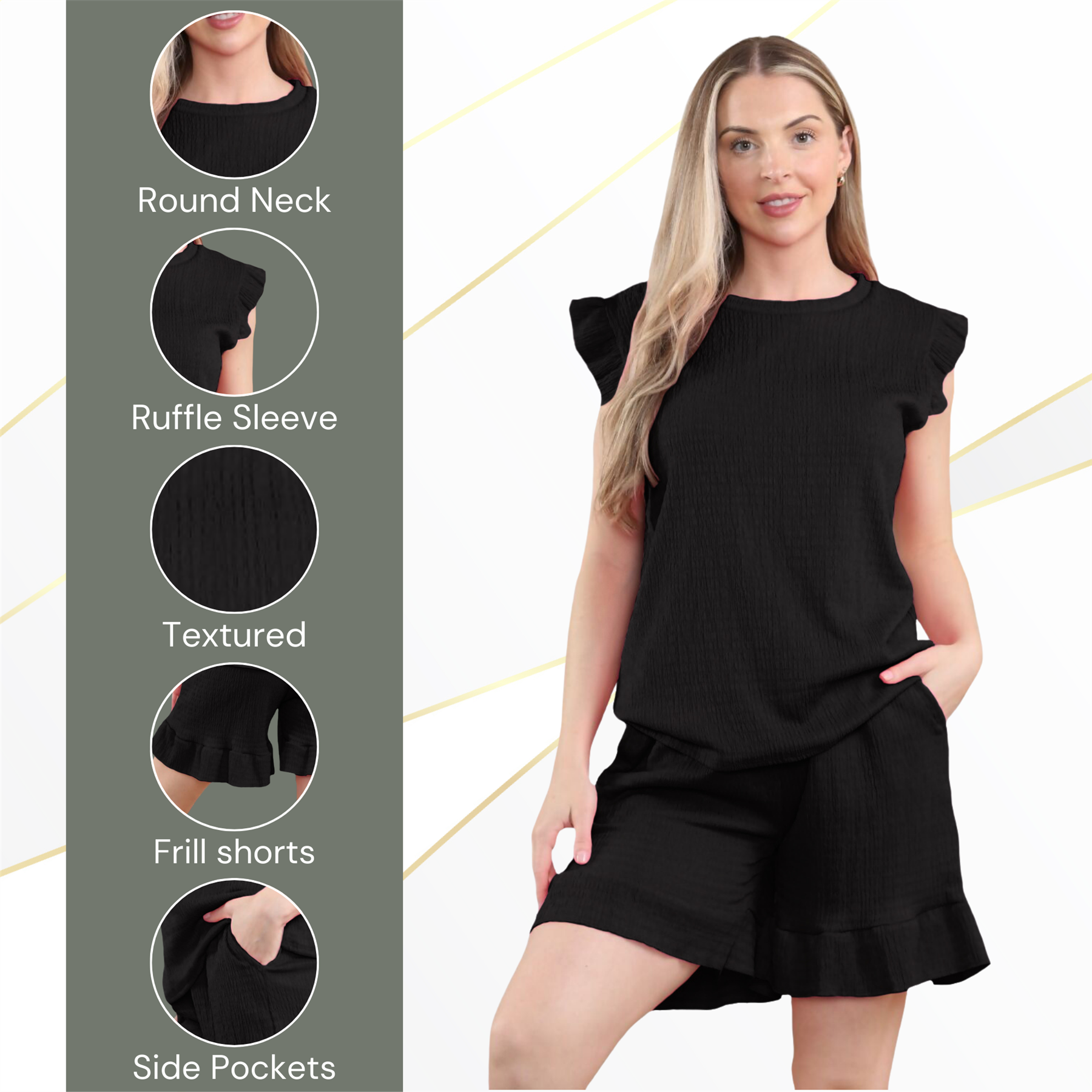 Conjunto corto de 2 piezas italiano para mujer conjunto de ropa de salón de verano con volantes sin mangas - Imagen 11 de 61