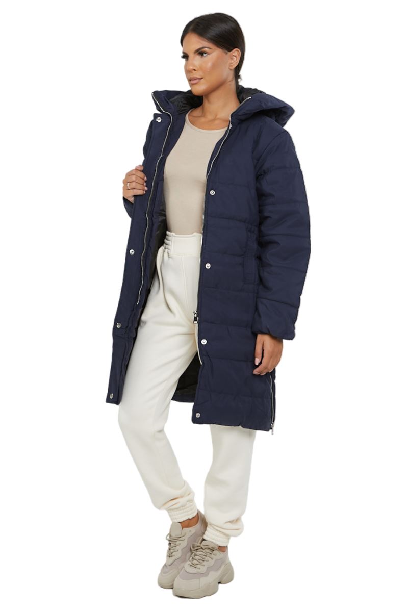 Womens Hooded Longline Coat Puffer Padded Long Sleeve Bodywarmer Winter Jacket - Picture 32 of 50