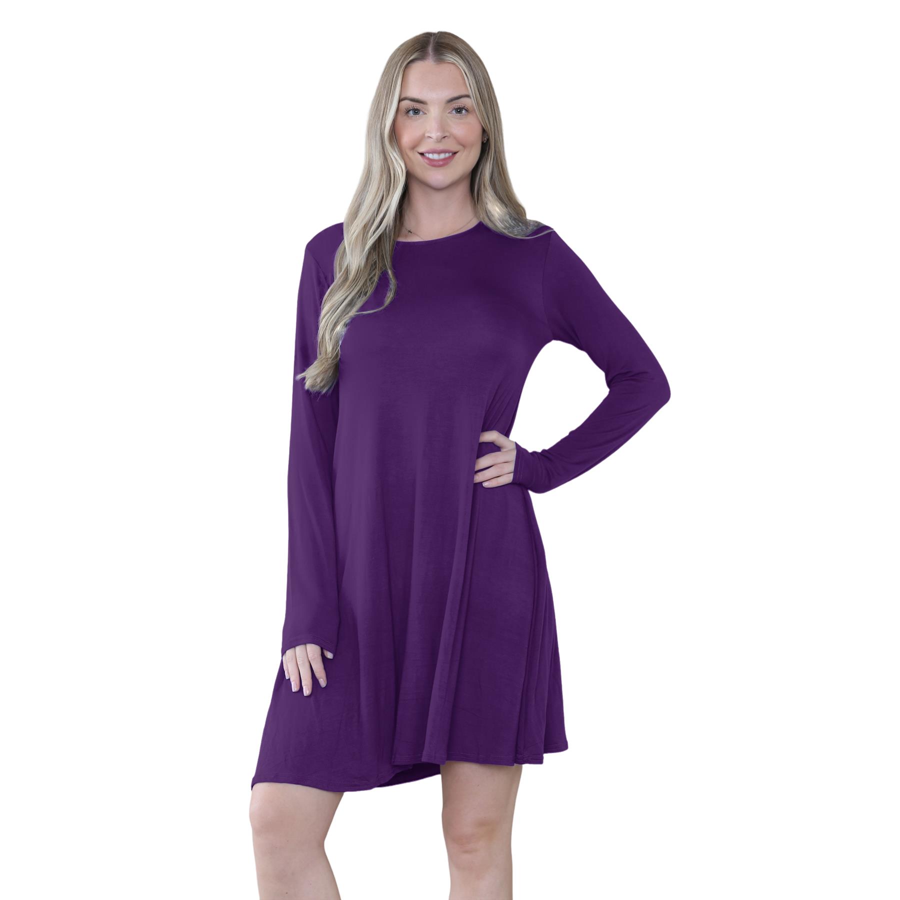 Damen Swing Kleid Uni Langarm Freizeit Ausgestellt A Linie Mini Oberteil Übergröße - Bild 65 von 100
