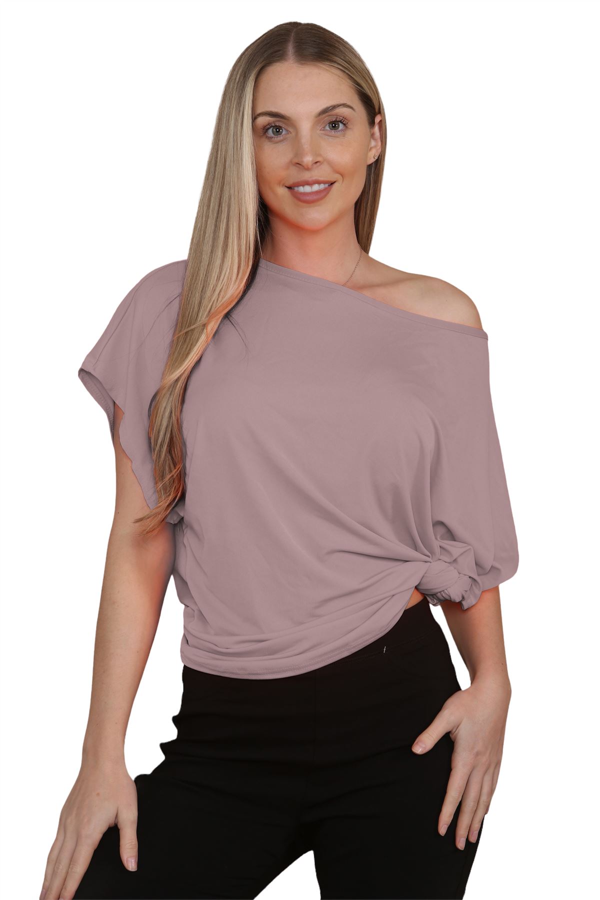 Womens Oversized T Shirt Top Short Sleeve Tie Knot Bardot Off Shoulder Crop Top - Picture 28 of 65
