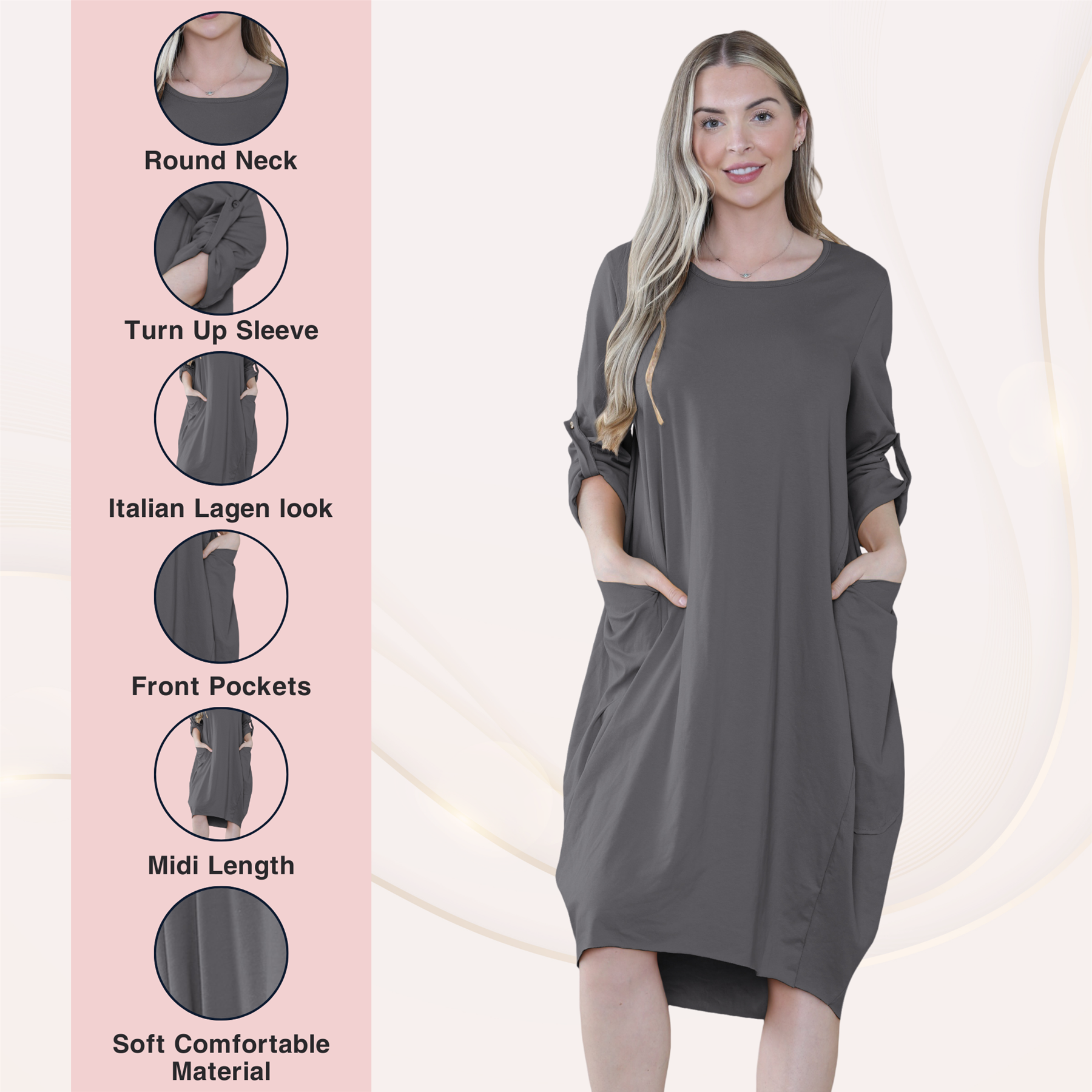 Vestido túnica italiana con mangas giratorias para damas Vestido Lagenlook Bolsillos lisos Vestido holgado - Imagen 10 de 45