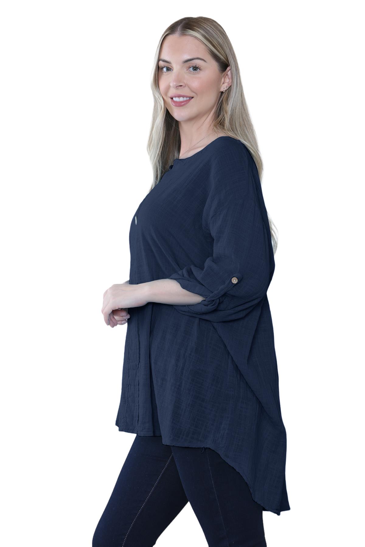 Camiseta informal lisa de lino y algodón con un botón de manga giratoria italiana para dama - Imagen 31 de 63