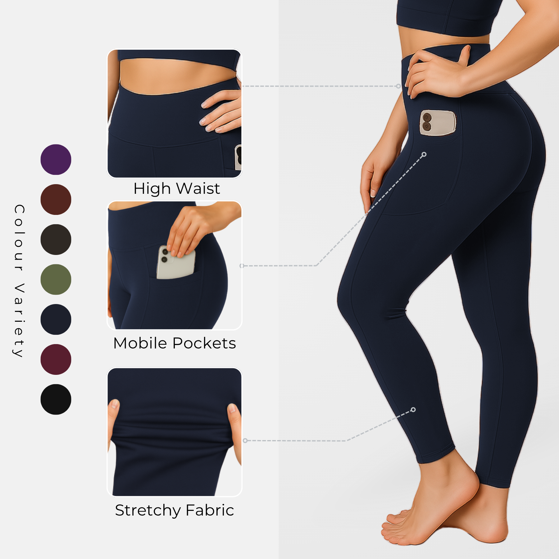 Womens Activewear Leggings High Waist Gym Yoga Workout Leggings With Pockets - Picture 34 of 50