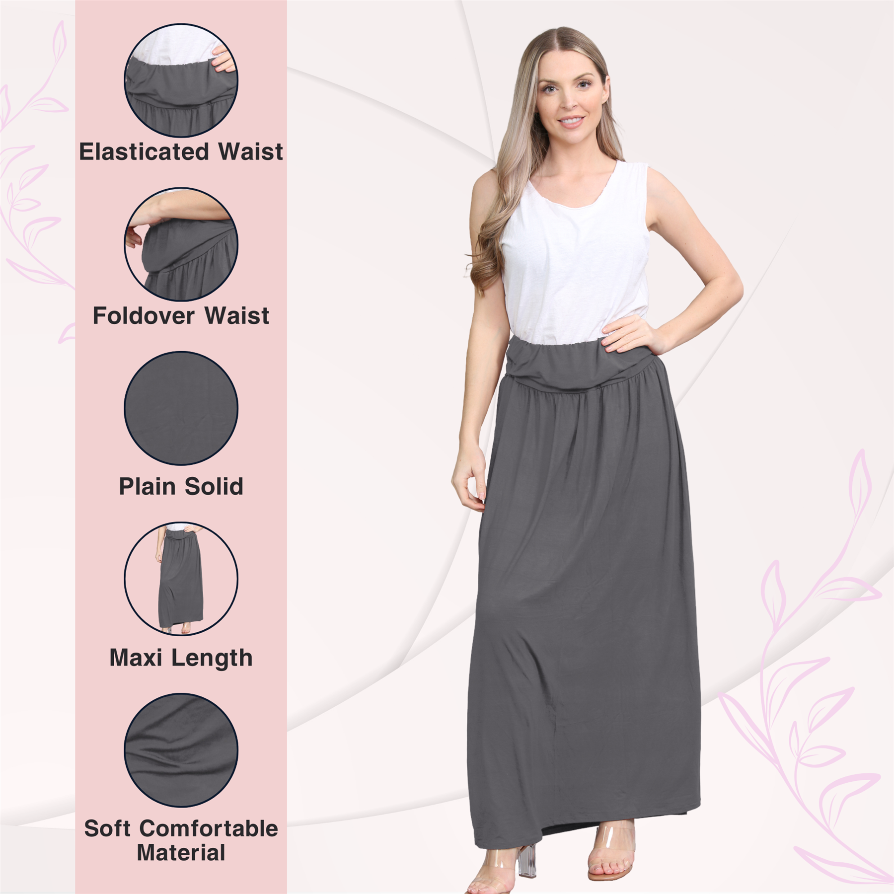 Womens Fold Over Maxi Skirt Plain Pleated Waist Jersey Summer Gypsy Long Skirt - Picture 13 of 68