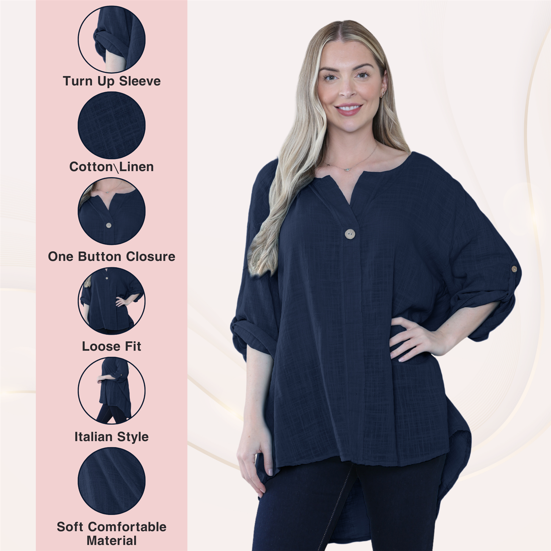 Camiseta informal lisa de lino y algodón con un botón de manga giratoria italiana para dama - Imagen 33 de 63