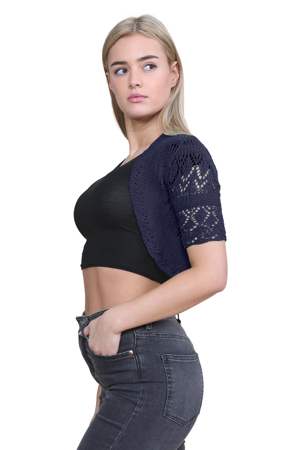 Womens Crochet Knitted Bolero Shrug Short Sleeve Open Front Cardigan Crop Top - Picture 111 of 186