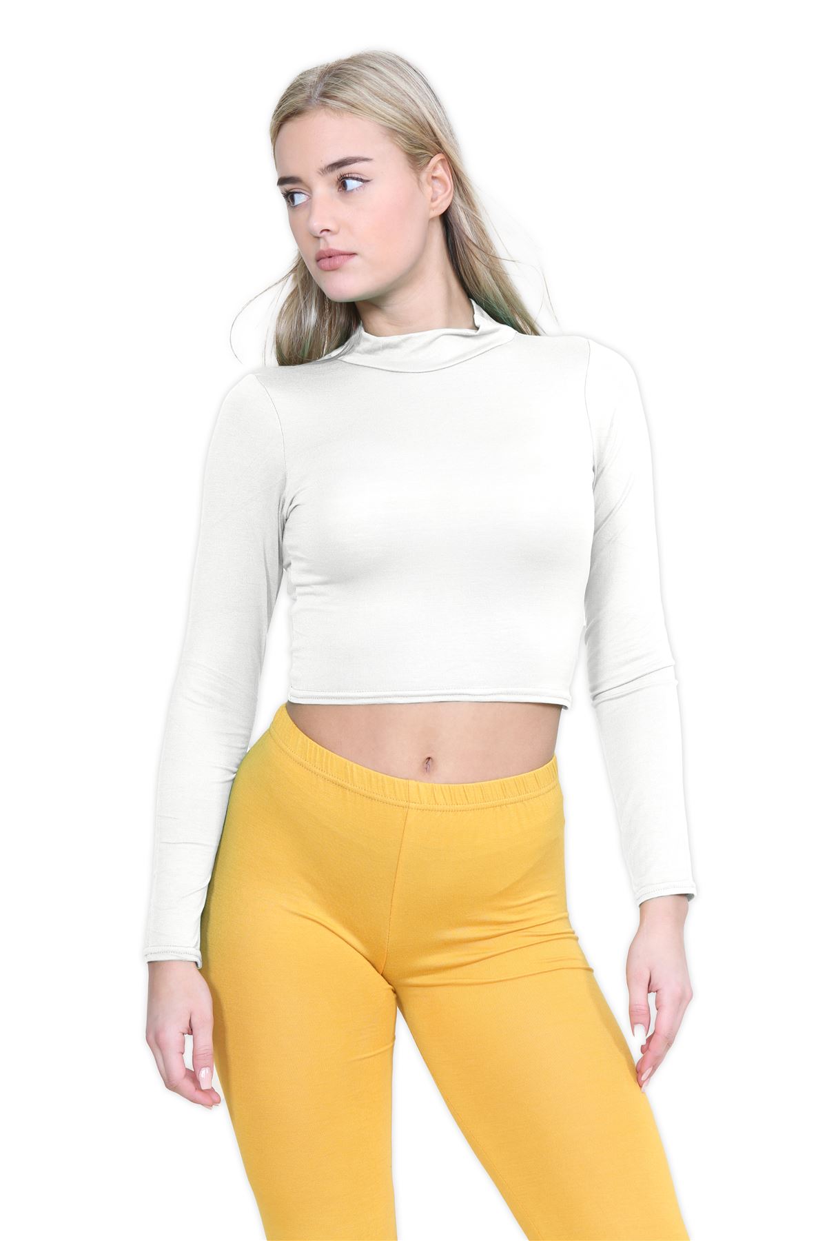 Turtle Neck Crop Top Womens Plain Long Sleeve Stretchy Basic Polo Neck T-Shirt - Picture 34 of 129