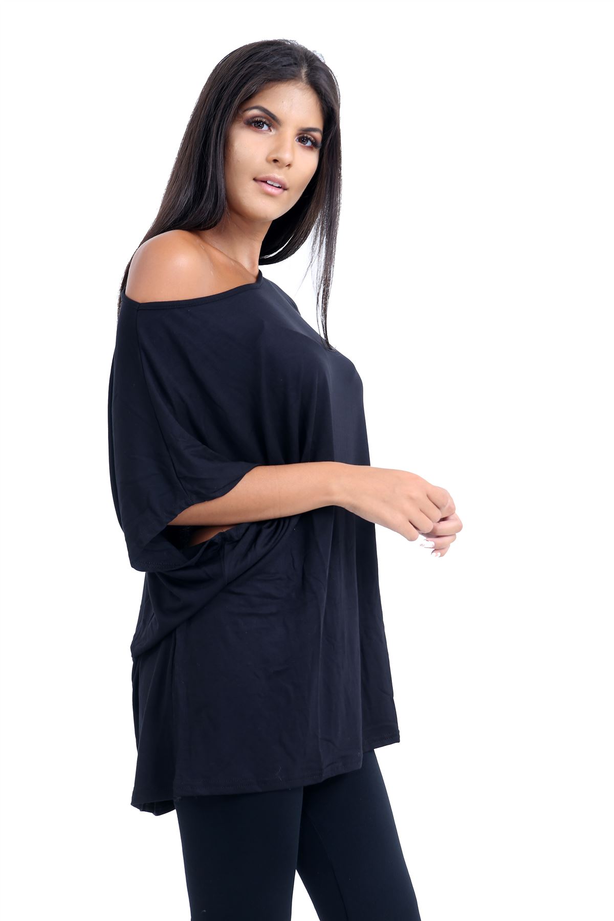 Schulterfreies Damen-T-Shirt Oberteil Fledermausärmel Oversize uni Freizeit Bardot Oberteil - Bild 11 von 225