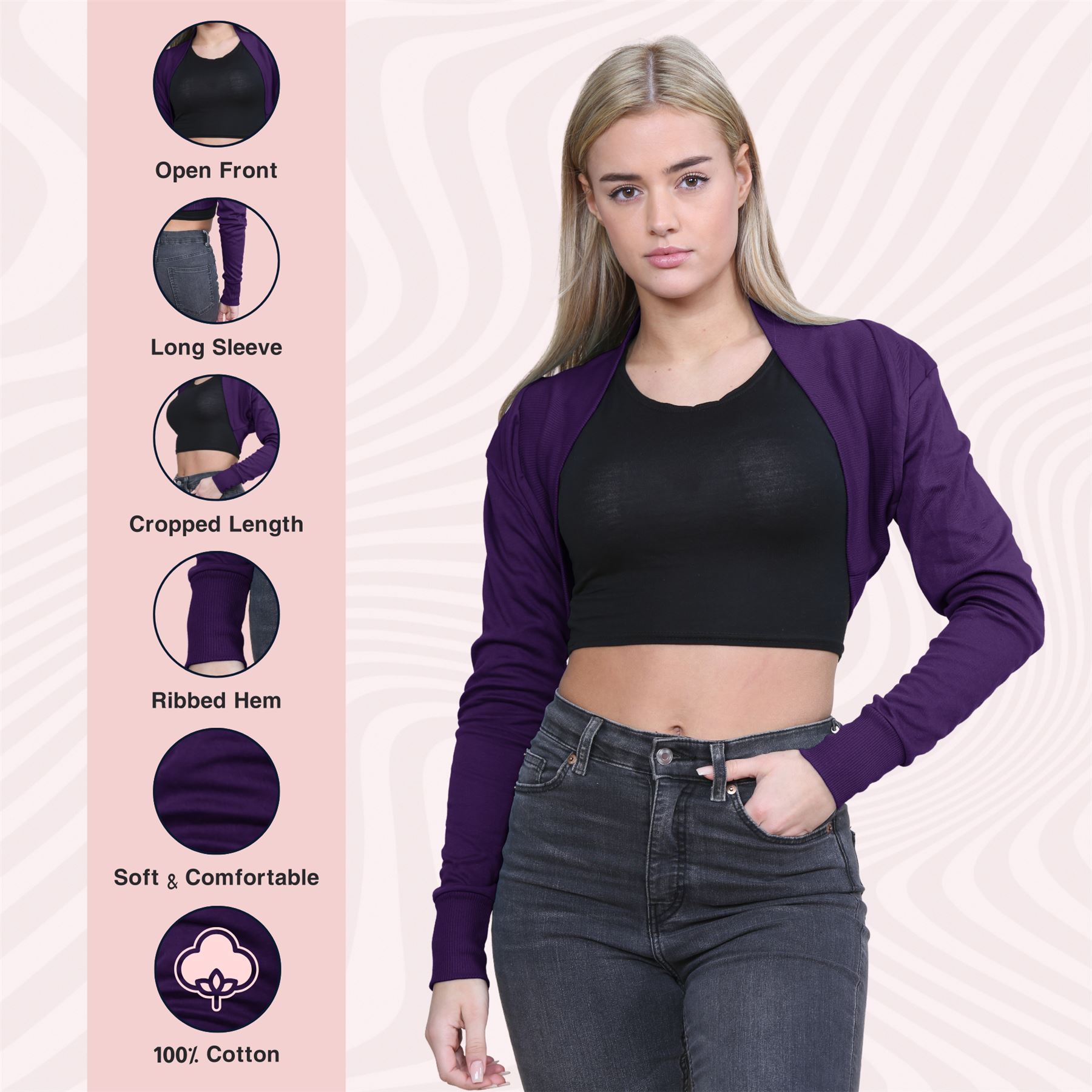 Ladies Long Sleeve Cotton Shrug Plain Open Bolero Cardigan Soft Summer Crop Top - Picture 52 of 84