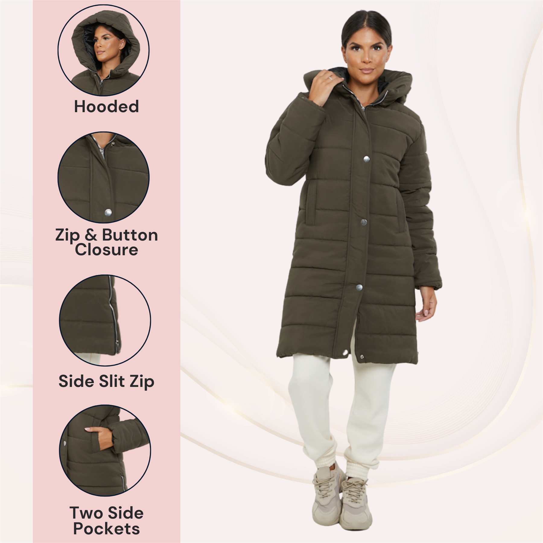 Womens Hooded Longline Coat Puffer Padded Long Sleeve Bodywarmer Winter Jacket - Picture 28 of 50