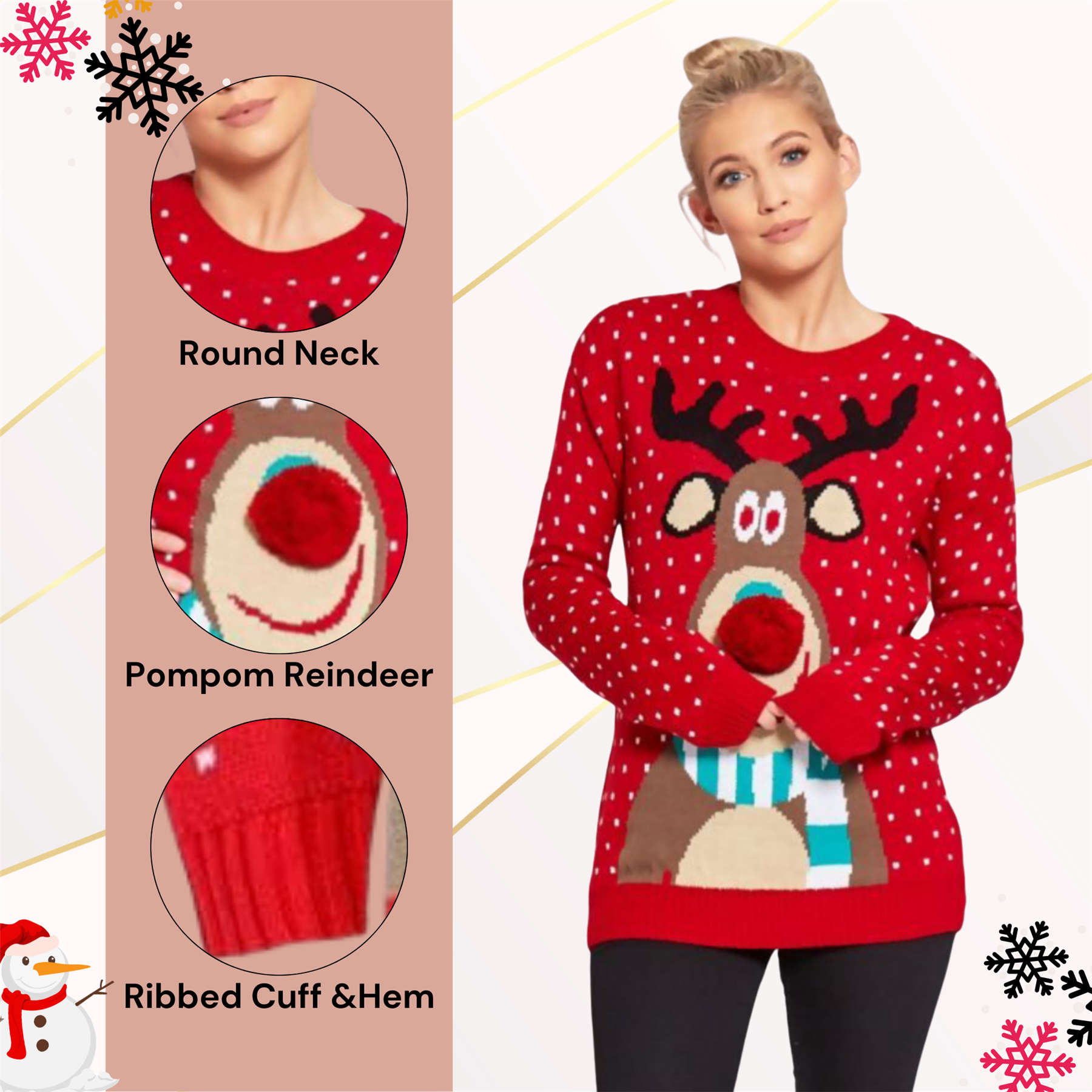 Christmas Reindeer Jumper Womens Knitted Funny Xmas Sweater Unisex Retro Jumpers - Picture 50 of 128