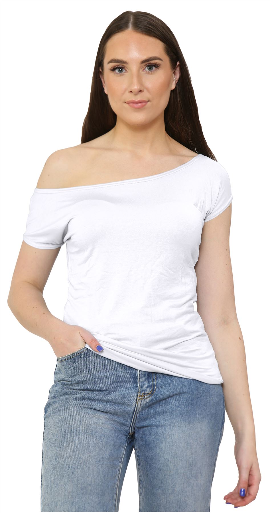 Nuevo Damas Mangas Cortas Hombro Liso Elastizado Calce Ajustado Bardot Camiseta Prenda para el torso - Imagen 56 de 58