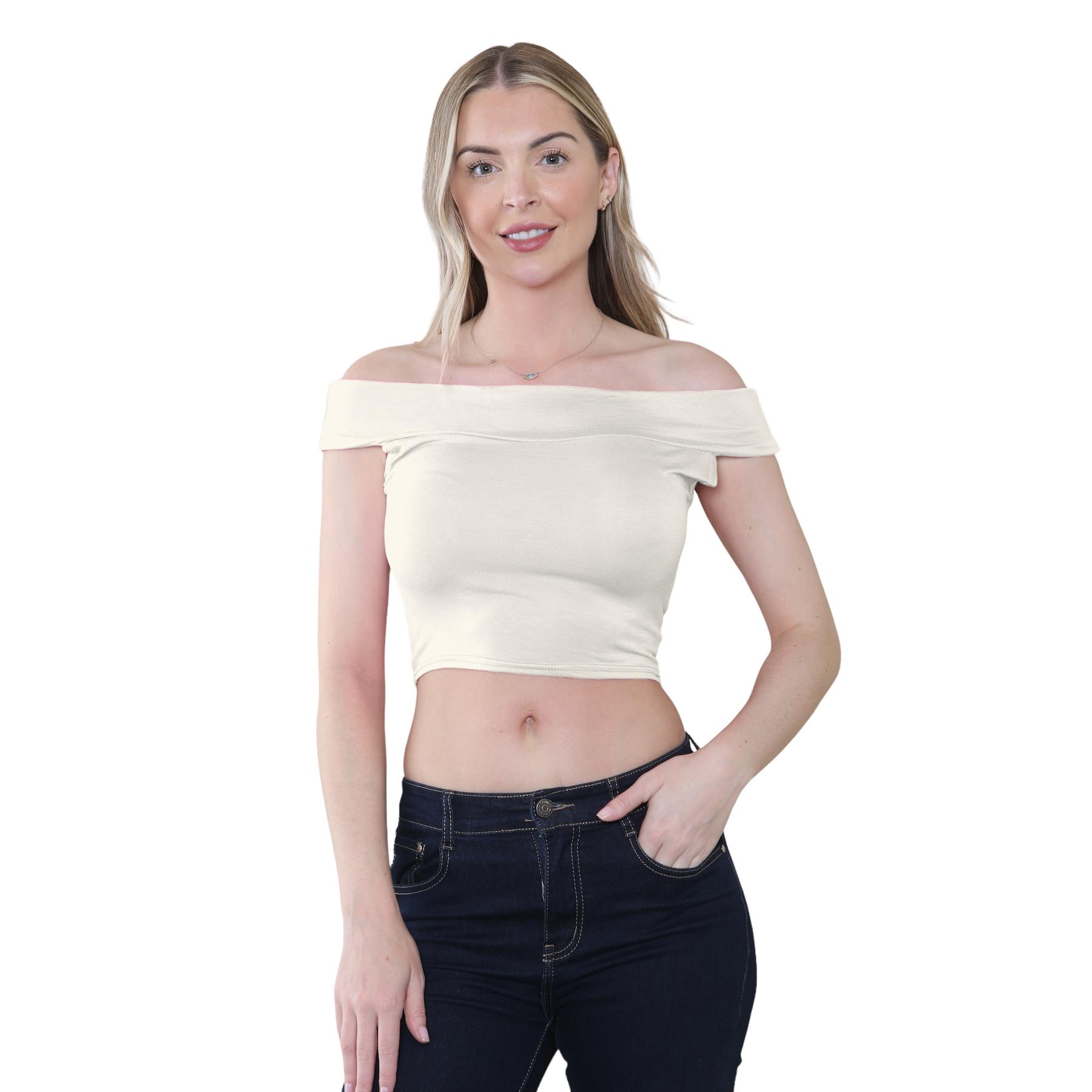 Schulterfreies bauchfreies Damen-T-Shirt Bardot ärmellos schlicht Sommer Freizeit Party - Bild 16 von 71