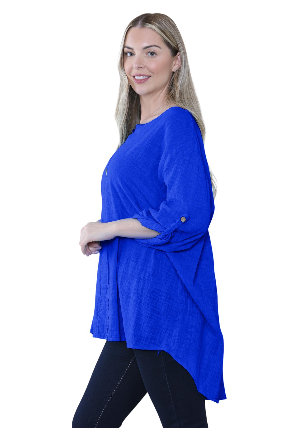 Camiseta informal lisa de lino y algodón con un botón de manga giratoria italiana para dama - Imagen 43 de 63
