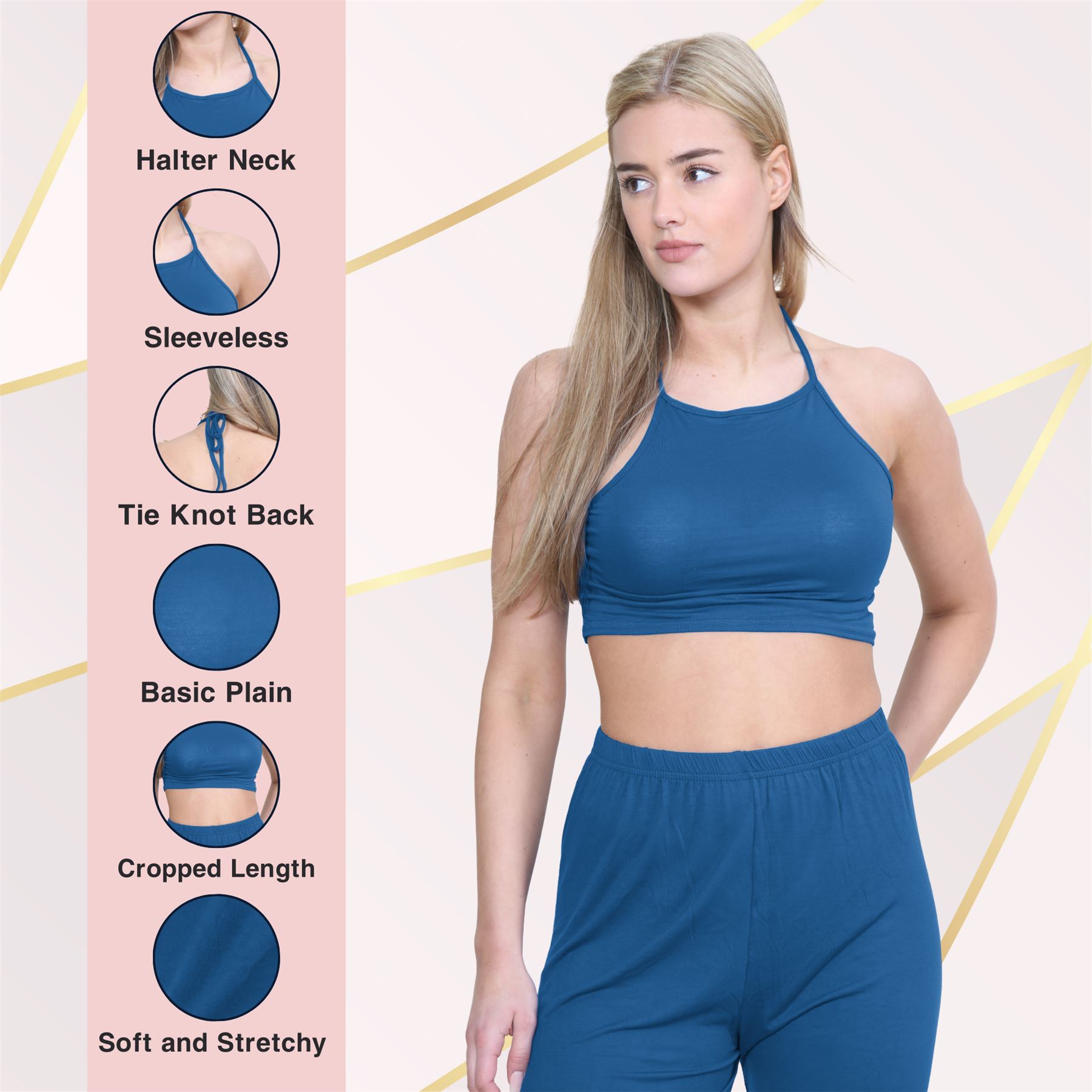 Halter Neck Crop Top Womens Vest Top Plain Tie Knot Top Basic Sleeveless T-Shirt - Picture 164 of 170
