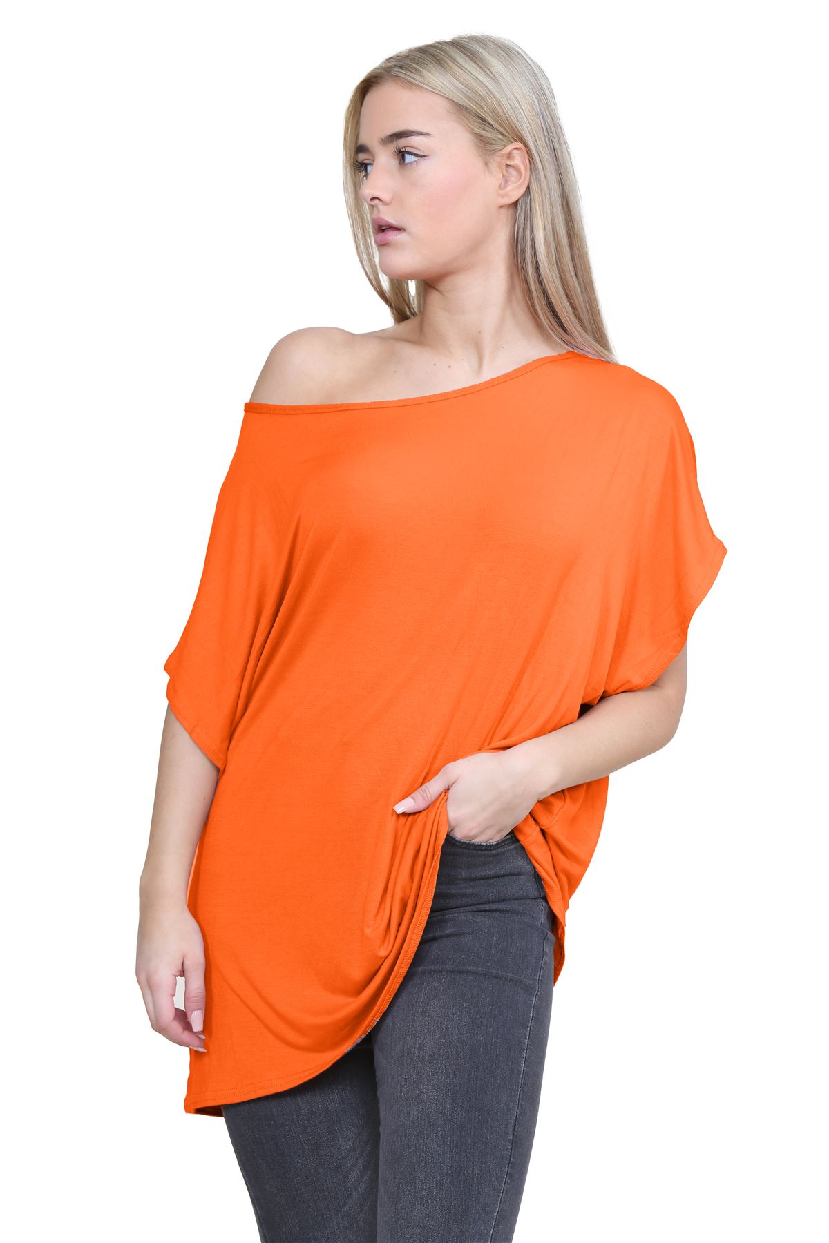 Schulterfreies Damen-T-Shirt Oberteil Fledermausärmel Oversize uni Freizeit Bardot Oberteil - Bild 113 von 225