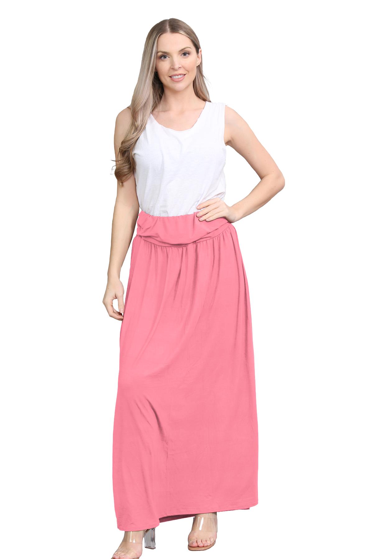Womens Fold Over Maxi Skirt Plain Pleated Waist Jersey Summer Gypsy Long Skirt - Picture 14 of 68