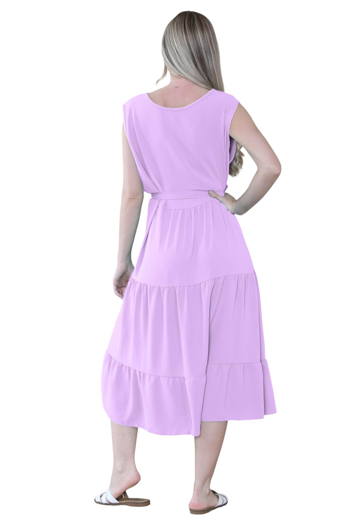 Womens Italian Smock Dress Sleeveless Belted Midi Dress Plain Frill Summer Dress - Picture 49 of 64