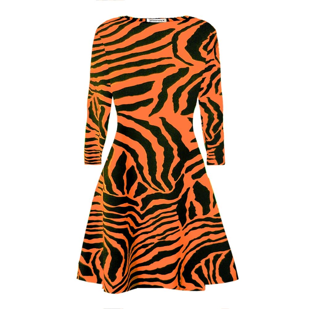 Womens Zebra Print Swing Dress Long Sleeve Stretchy Skater A Line Flare Mini Top - Picture 3 of 7