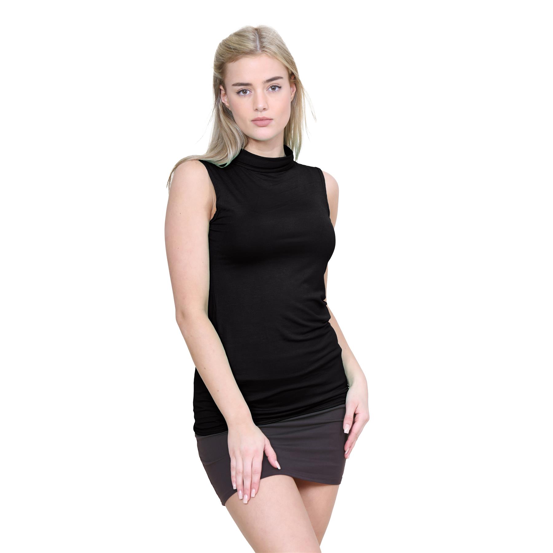 Womens Turtle Polo Neck T-Shirt Plain Stretch Sleeveless Bodycon Vest Tee Top - Picture 5 of 25
