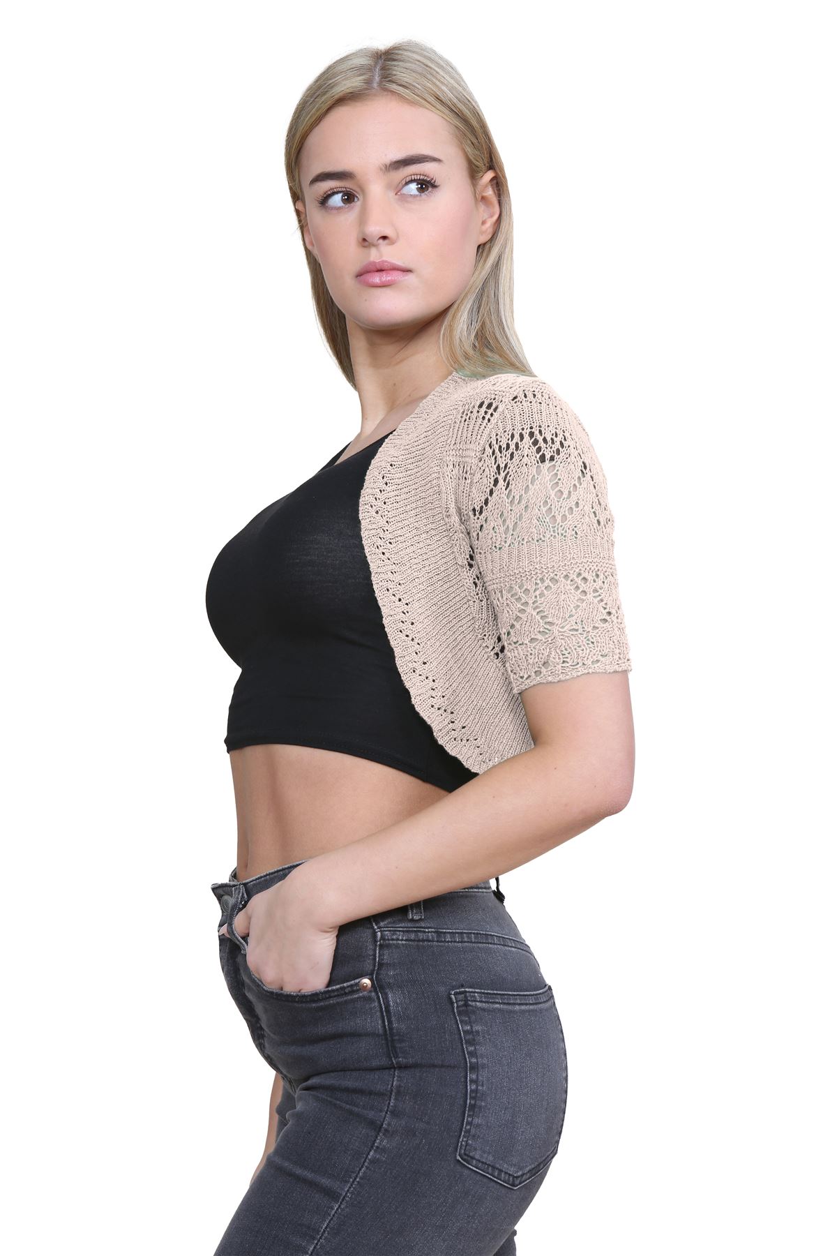 Womens Crochet Knitted Bolero Shrug Short Sleeve Open Front Cardigan Crop Top - Picture 152 of 186