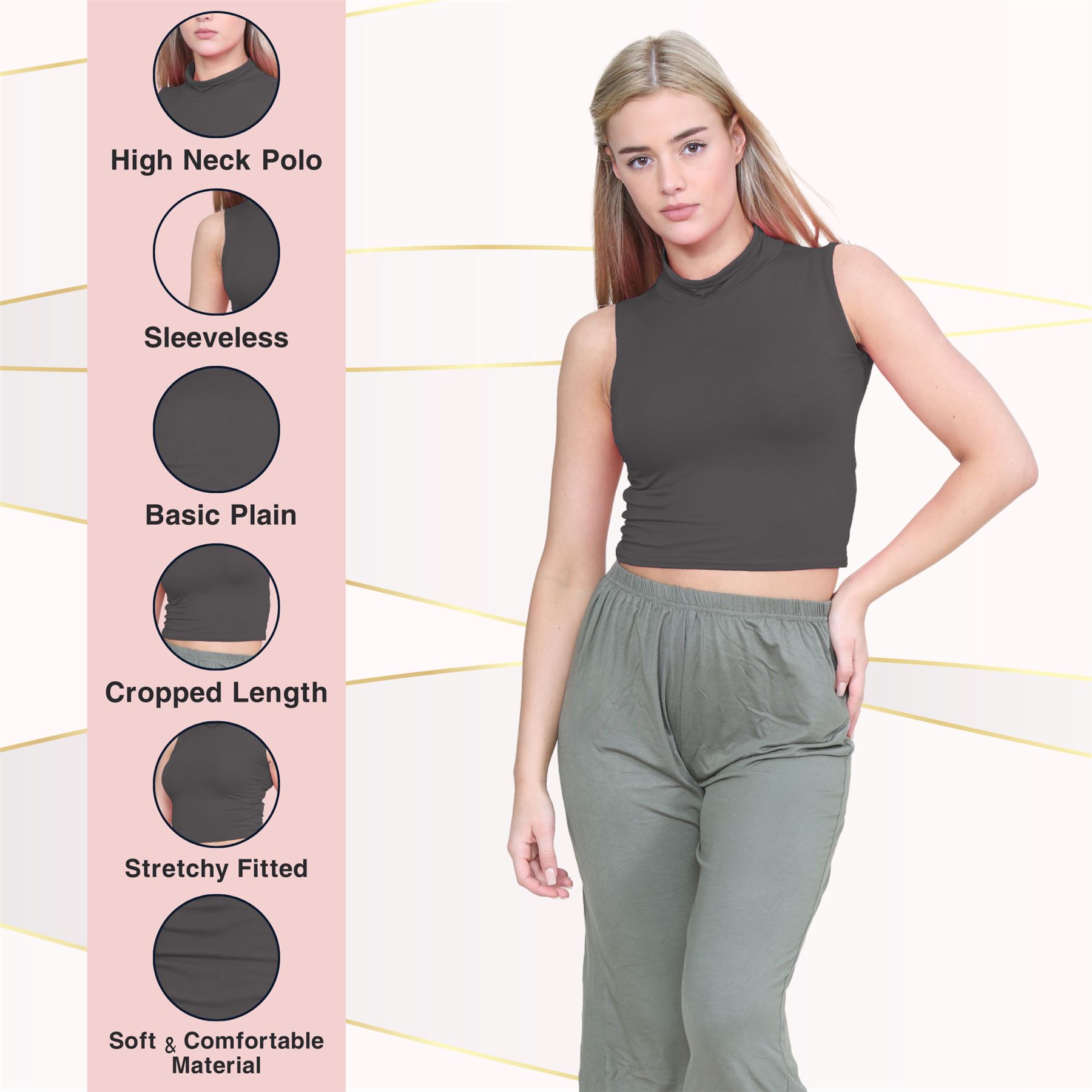 Womens Sleeveless Crop Top Ladies High Turtle Neck Plain Stretchy T-Shirt Vest - Picture 34 of 165