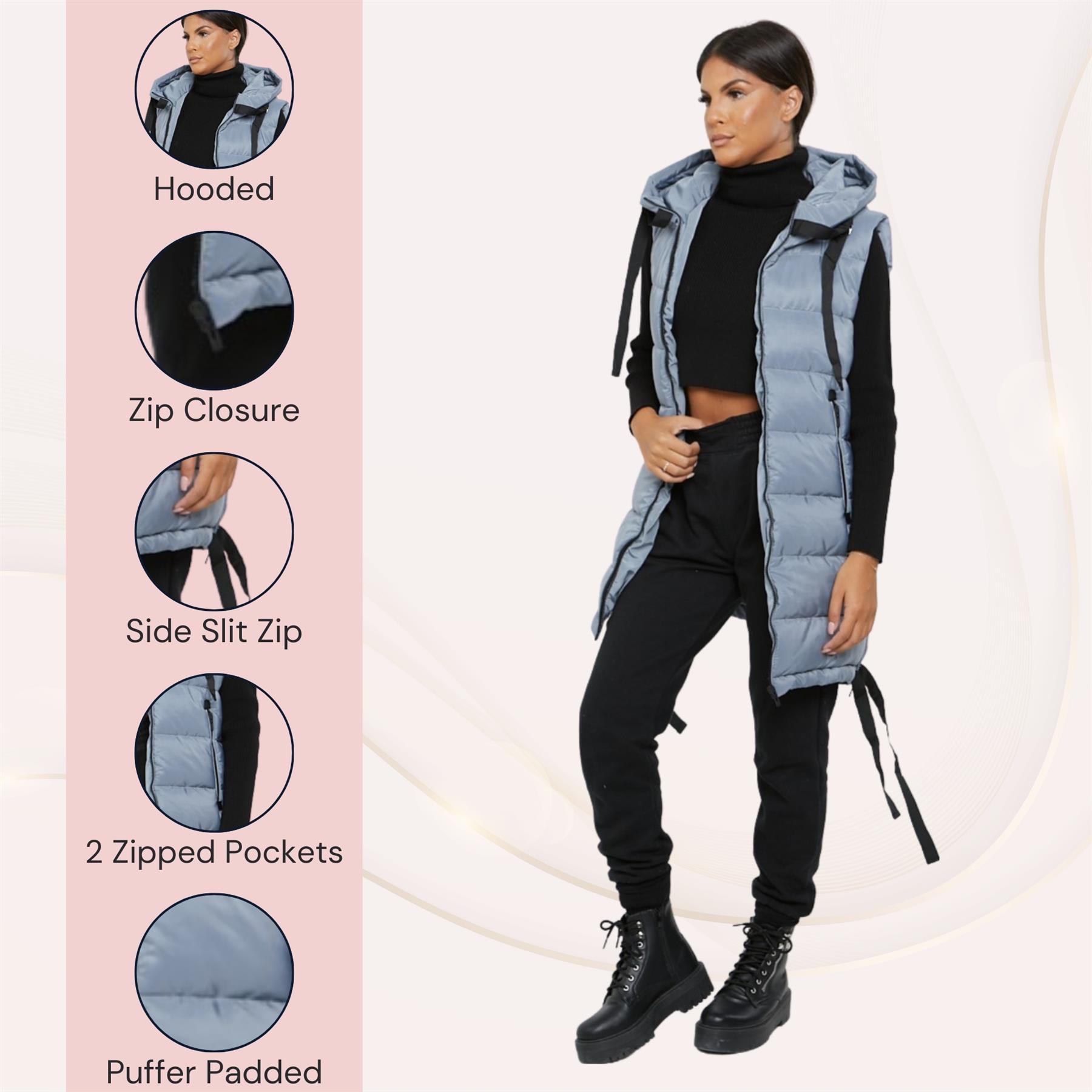 Damas Chaqueta larga acolchada con capucha chaleco acolchada calentador de cuerpo con cremallera - Imagen 25 de 42