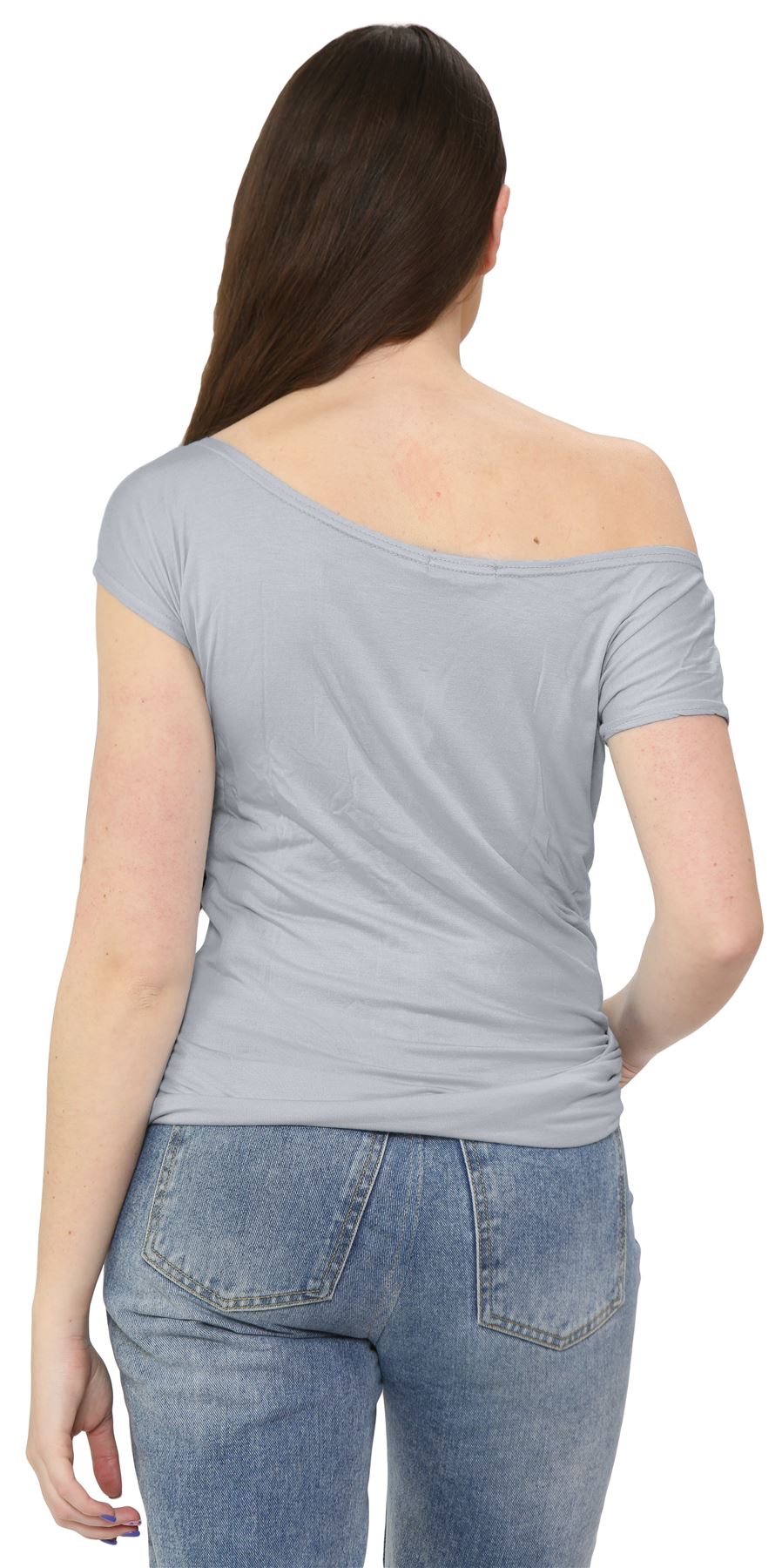 Nuevo Damas Mangas Cortas Hombro Liso Elastizado Calce Ajustado Bardot Camiseta Prenda para el torso - Imagen 9 de 58