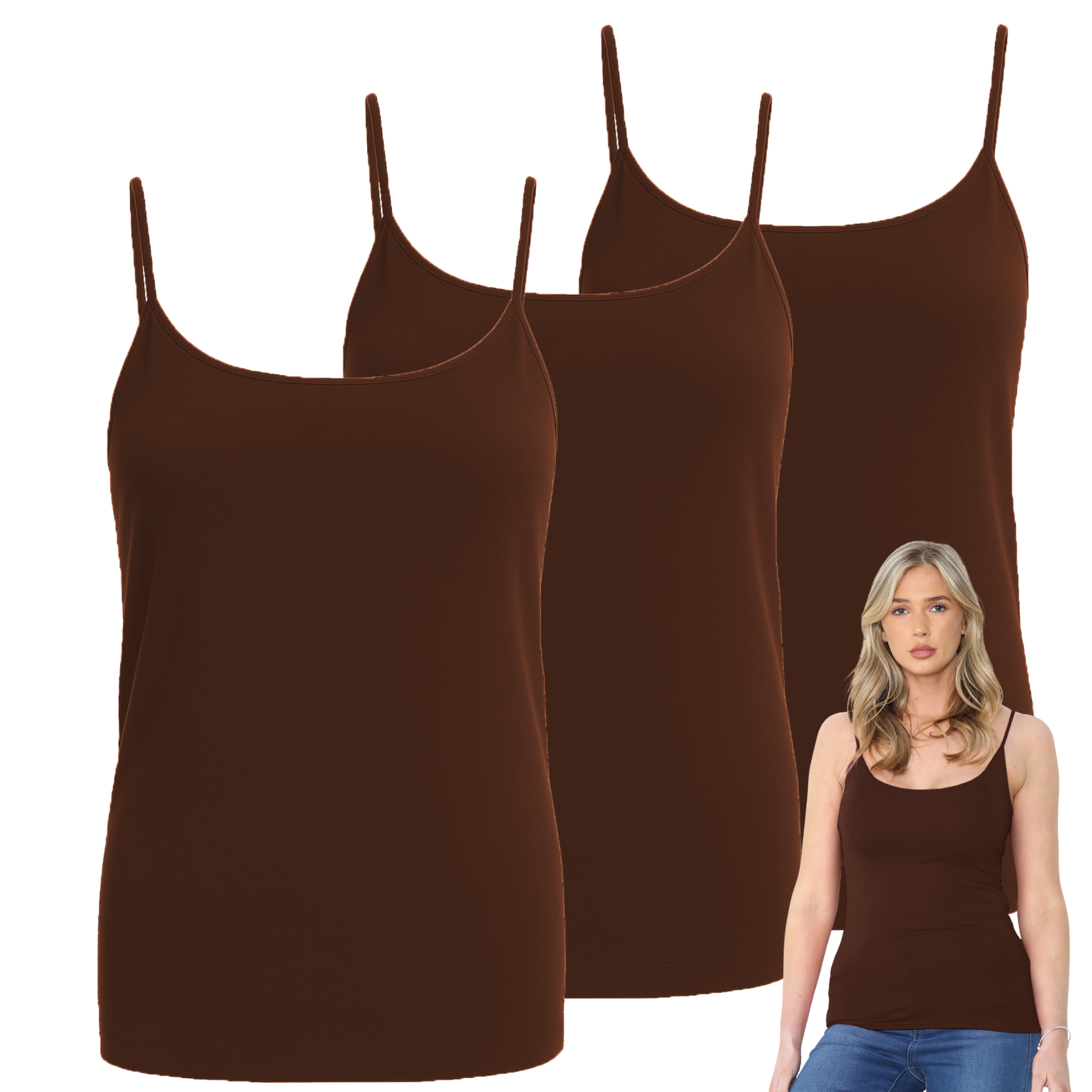 Womens Bodycon Cami Strappy Tank Top Plain Summer Activewear Vest Top, Pack of 3 - Picture 21 of 221