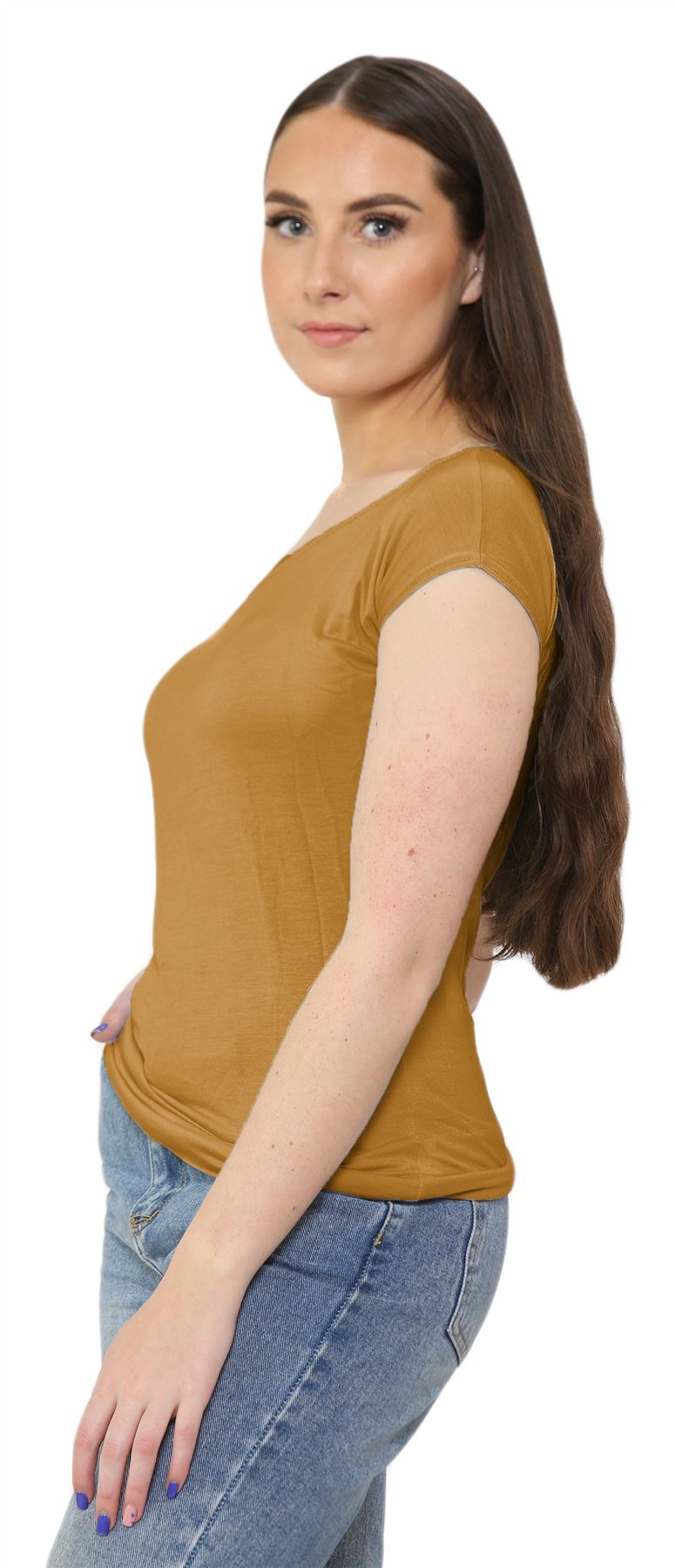 Nuevo Damas Mangas Cortas Hombro Liso Elastizado Calce Ajustado Bardot Camiseta Prenda para el torso - Imagen 13 de 58