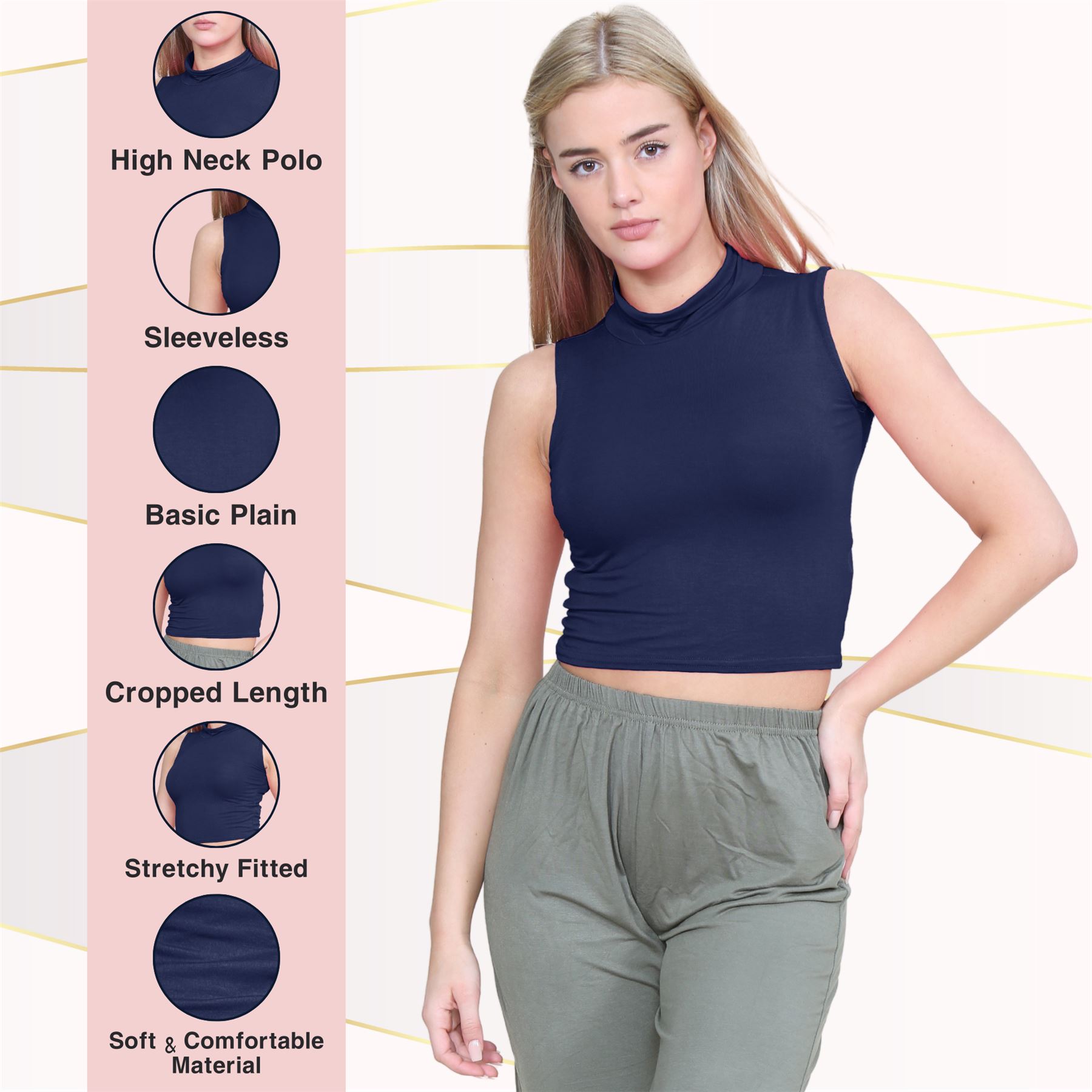 Womens Sleeveless Crop Top Ladies High Turtle Neck Plain Stretchy T-Shirt Vest - Picture 109 of 165