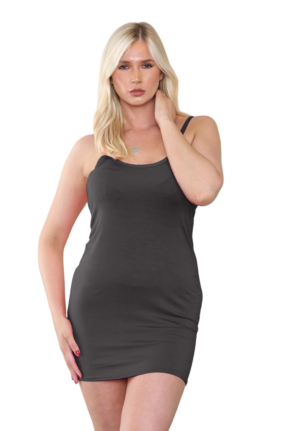 Womens Cami Bodycon Mini Dress Plain Strappy Vest Summer Tank Top Mini Dress - Picture 24 of 127
