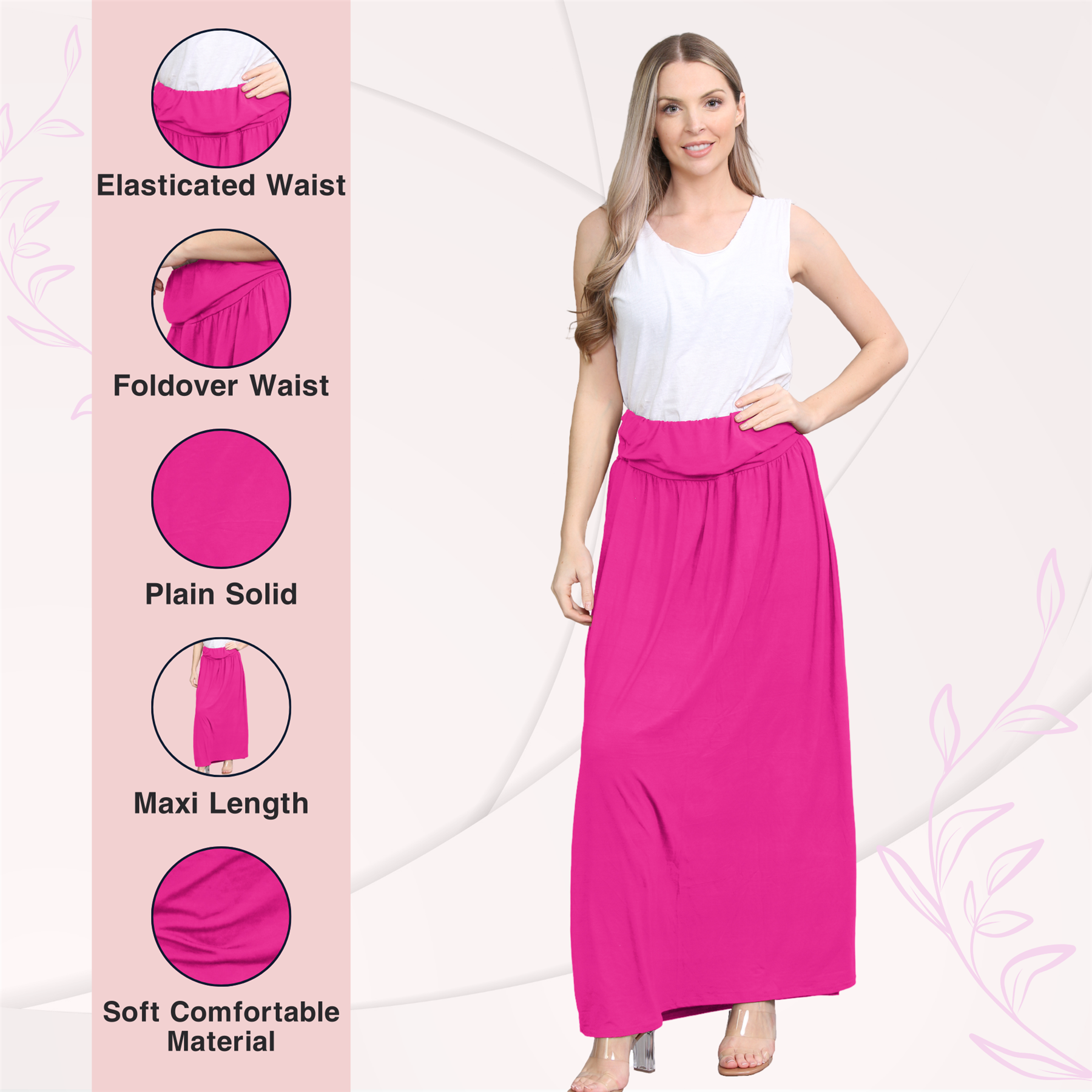 Womens Fold Over Maxi Skirt Plain Pleated Waist Jersey Summer Gypsy Long Skirt - Picture 9 of 68