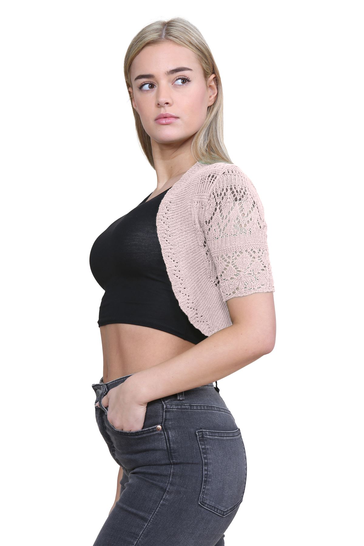 Womens Crochet Knitted Bolero Shrug Short Sleeve Open Front Cardigan Crop Top - Picture 105 of 186