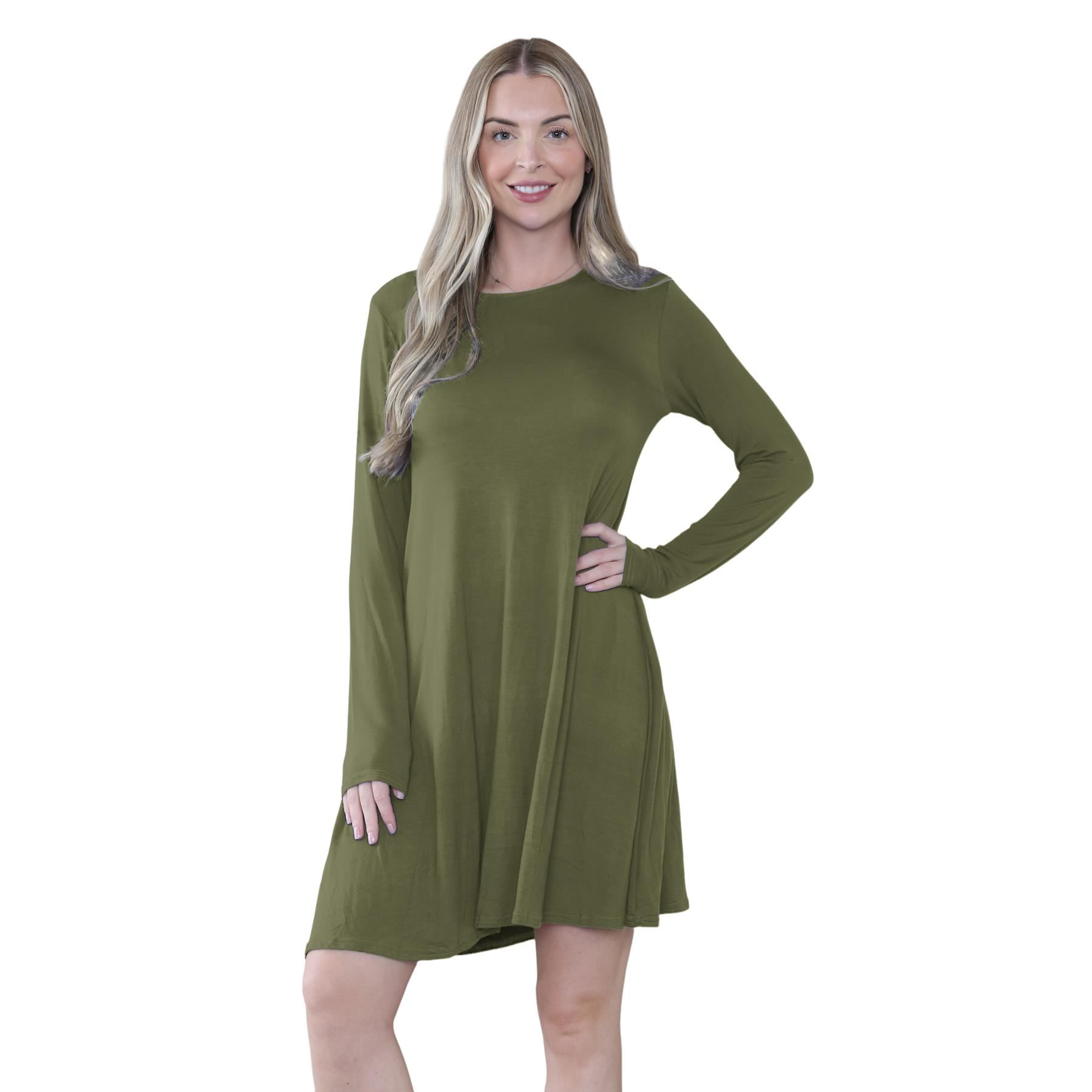 Damen Swing Kleid Uni Langarm Freizeit Ausgestellt A Linie Mini Oberteil Übergröße - Bild 41 von 100