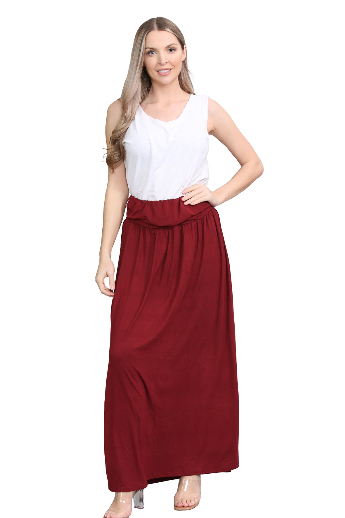 Womens Fold Over Maxi Skirt Plain Pleated Waist Jersey Summer Gypsy Long Skirt - Picture 60 of 68