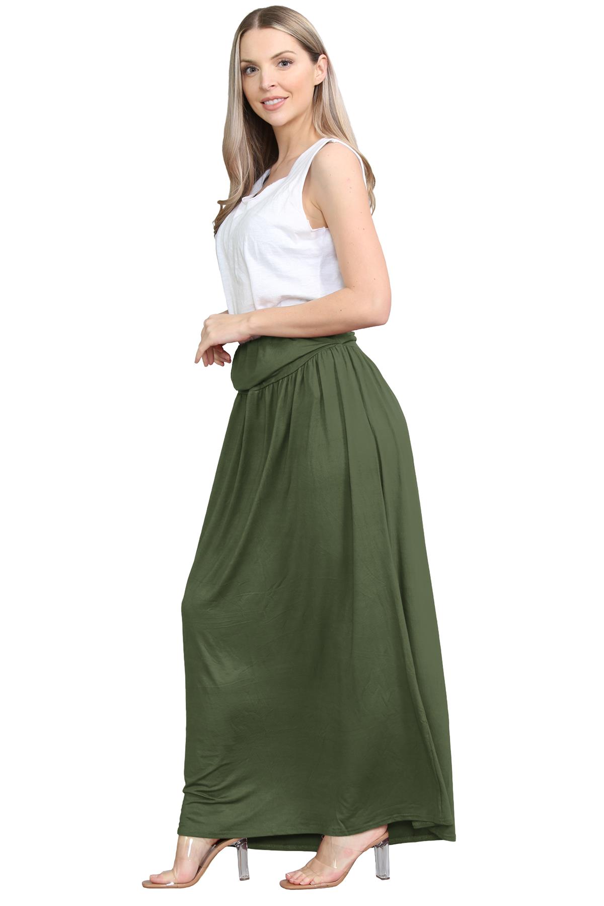 Womens Fold Over Maxi Skirt Plain Pleated Waist Jersey Summer Gypsy Long Skirt - Picture 28 of 68