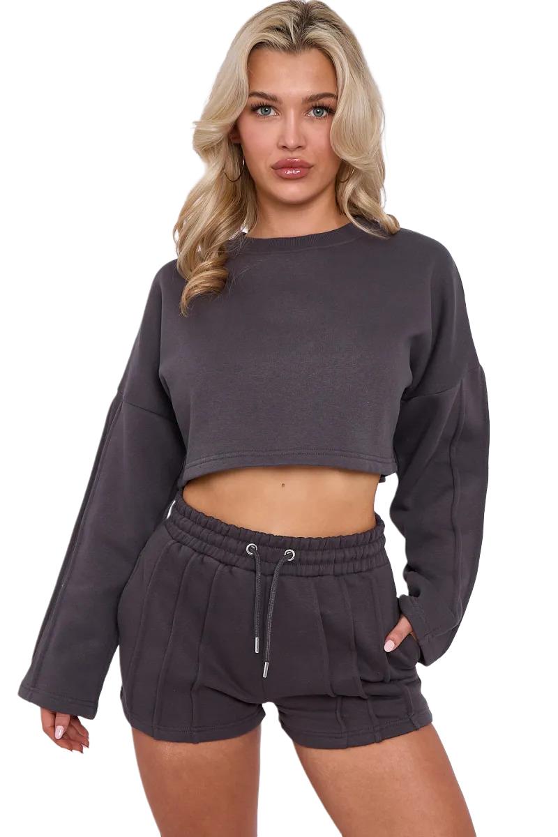 Womens Pleated Lined Crop Top Shorts Set 2 Pcs Co-ord Fleece Loungewear Suit - Picture 25 of 36