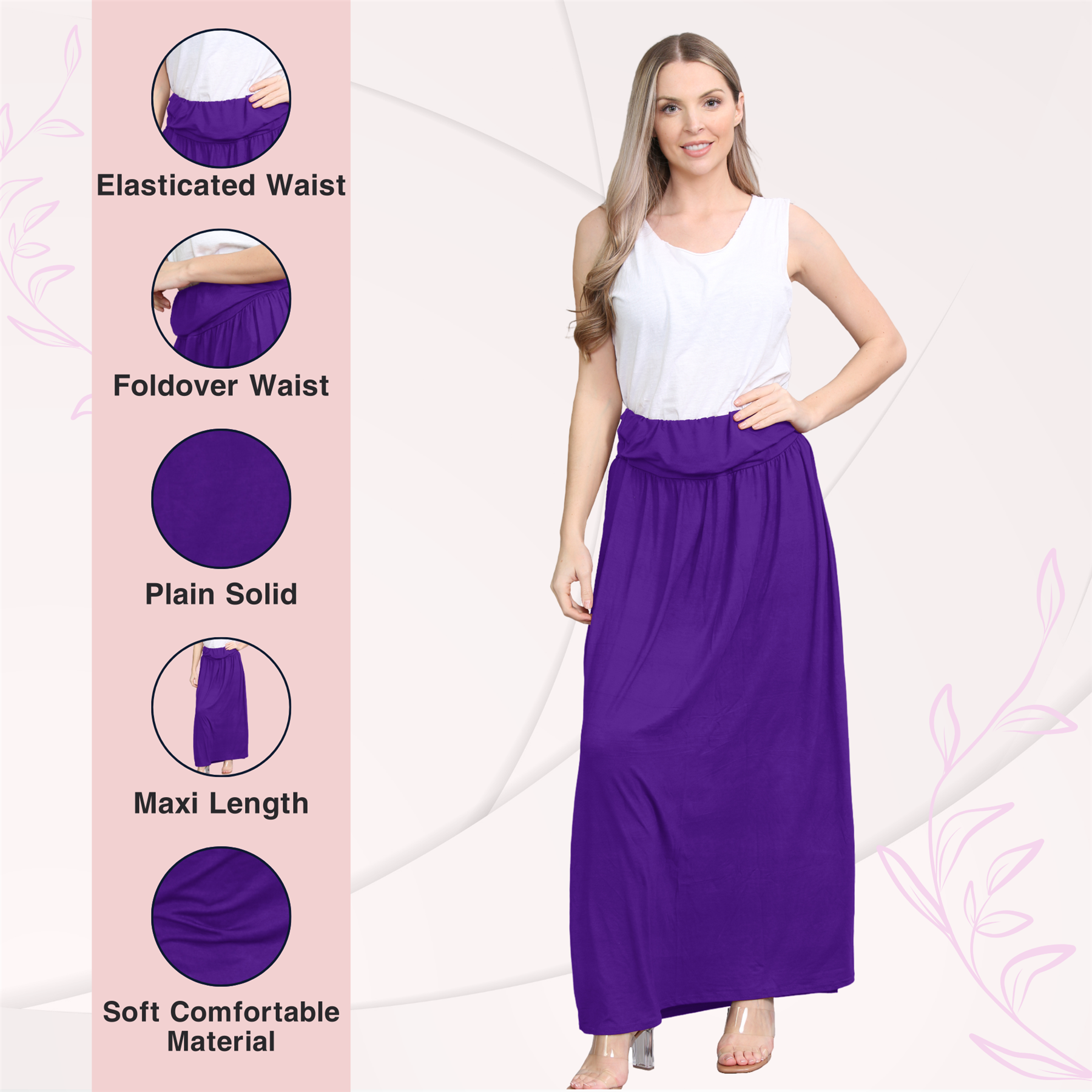Womens Fold Over Maxi Skirt Plain Pleated Waist Jersey Summer Gypsy Long Skirt - Picture 42 of 68