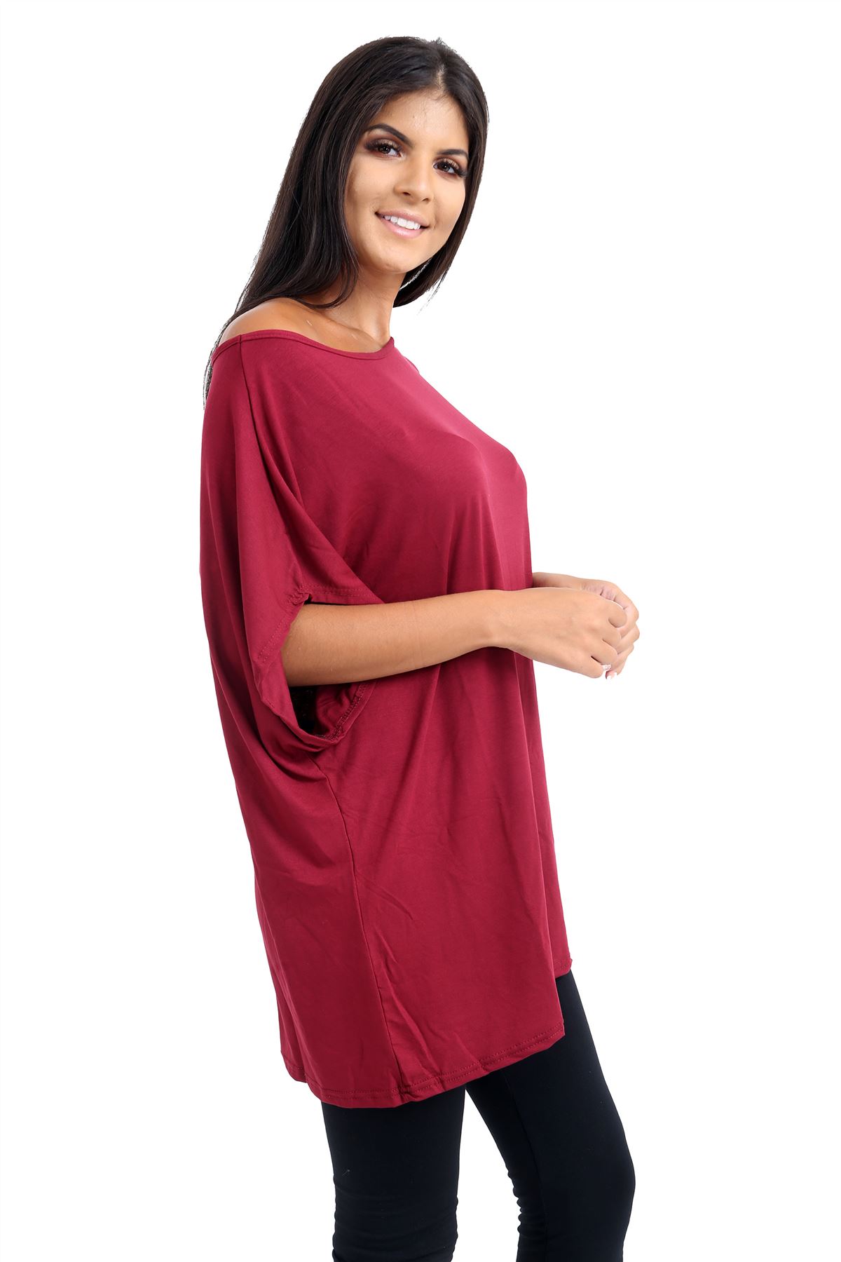 Schulterfreies Damen-T-Shirt Oberteil Fledermausärmel Oversize uni Freizeit Bardot Oberteil - Bild 215 von 225