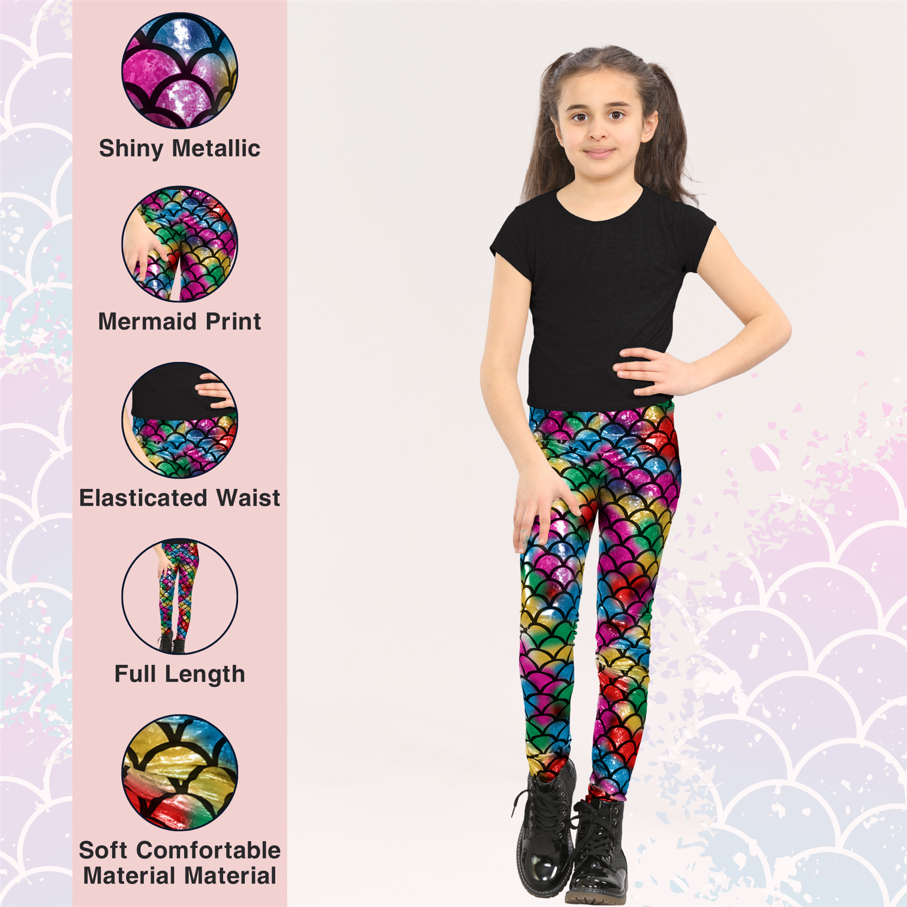 Girls Mermaid Leggings Kids Fish Scale Disco Skinny Shiny Metallic Trouser Pants - Picture 17 of 57