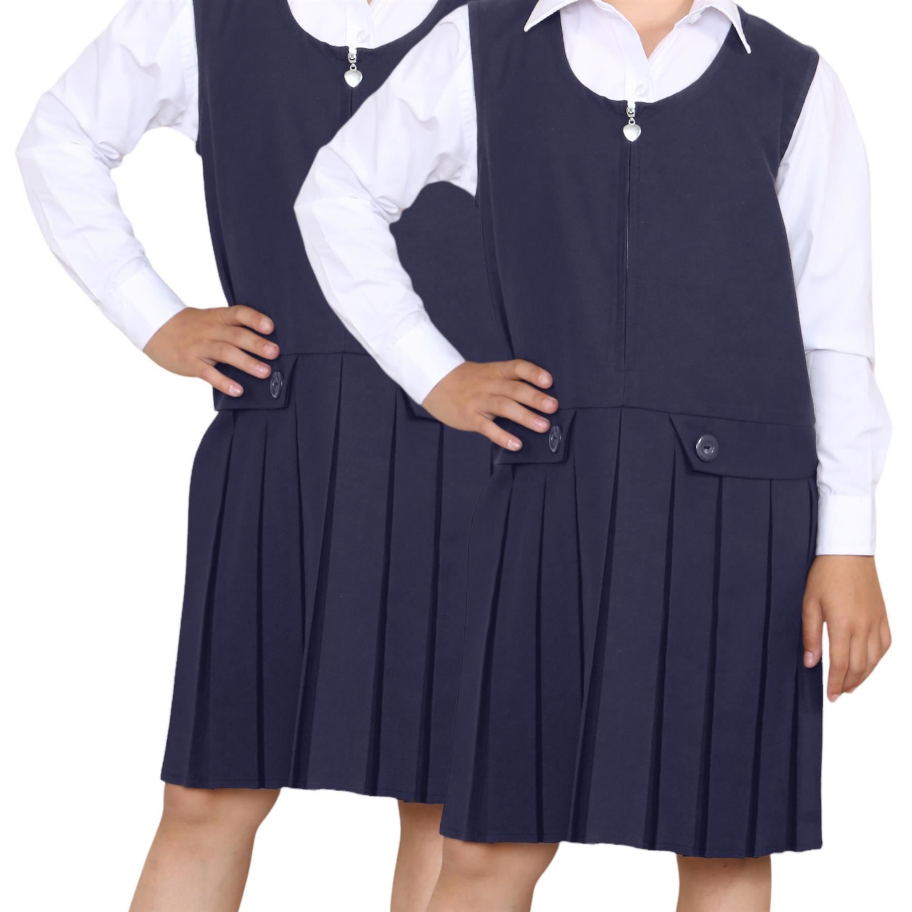 Niñas Delantal Vestido Caja Plisada Dos Botones Frontal Cremallera Uniforme Escolar Paquete de 2 - Imagen 17 de 23