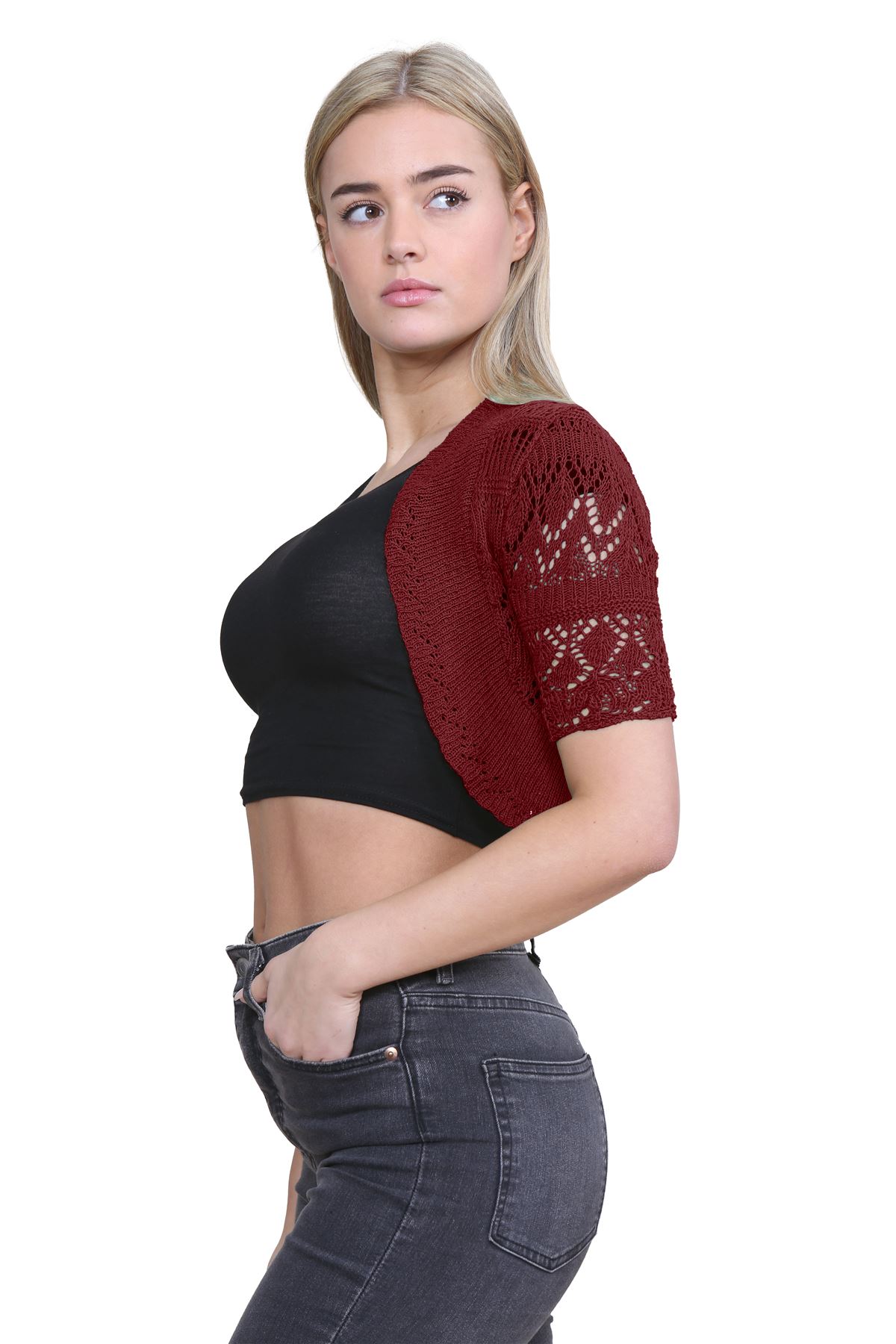 Womens Crochet Knitted Bolero Shrug Short Sleeve Open Front Cardigan Crop Top - Picture 176 of 186