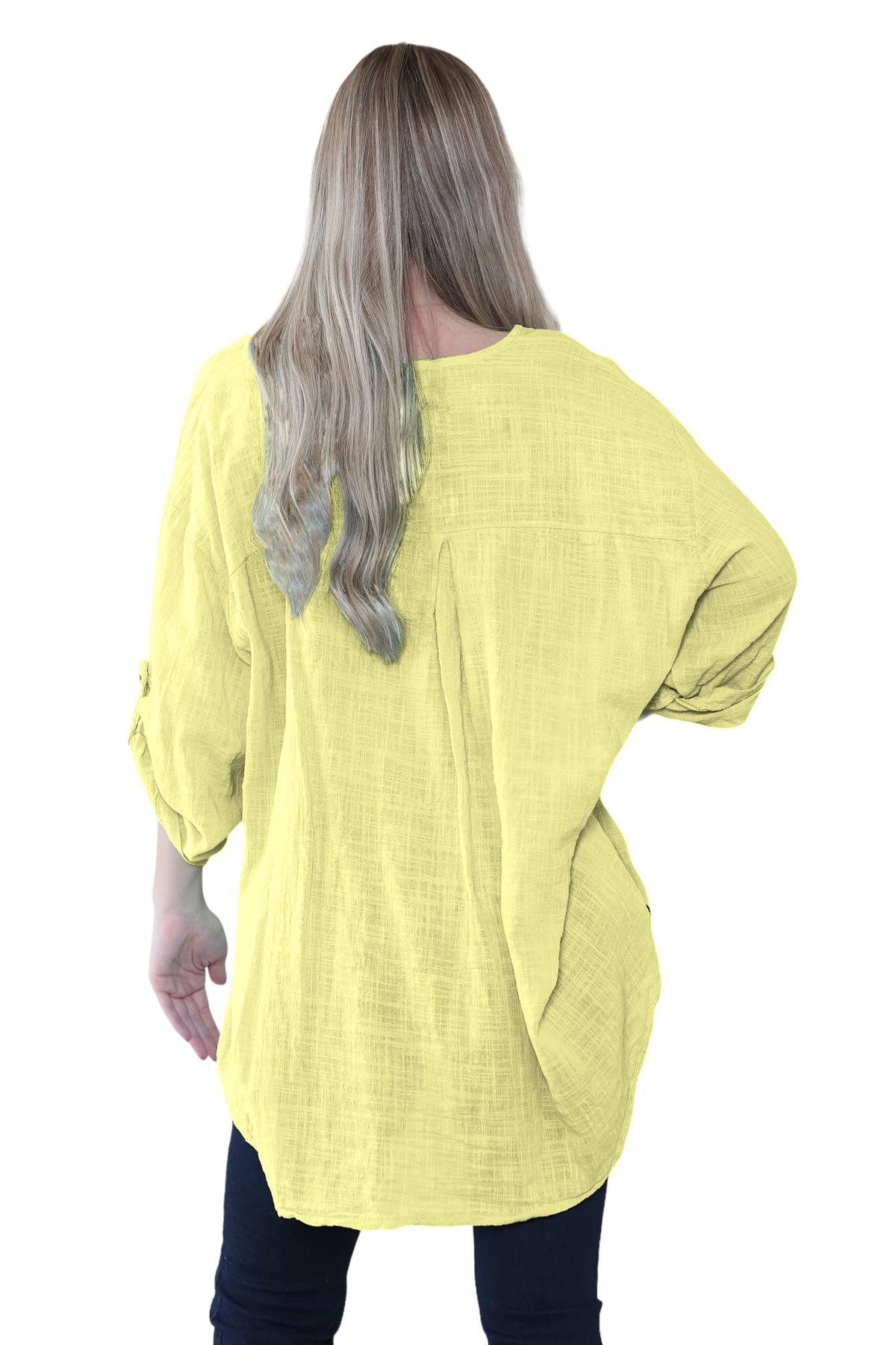 Camiseta informal lisa de lino y algodón con un botón de manga giratoria italiana para dama - Imagen 60 de 63