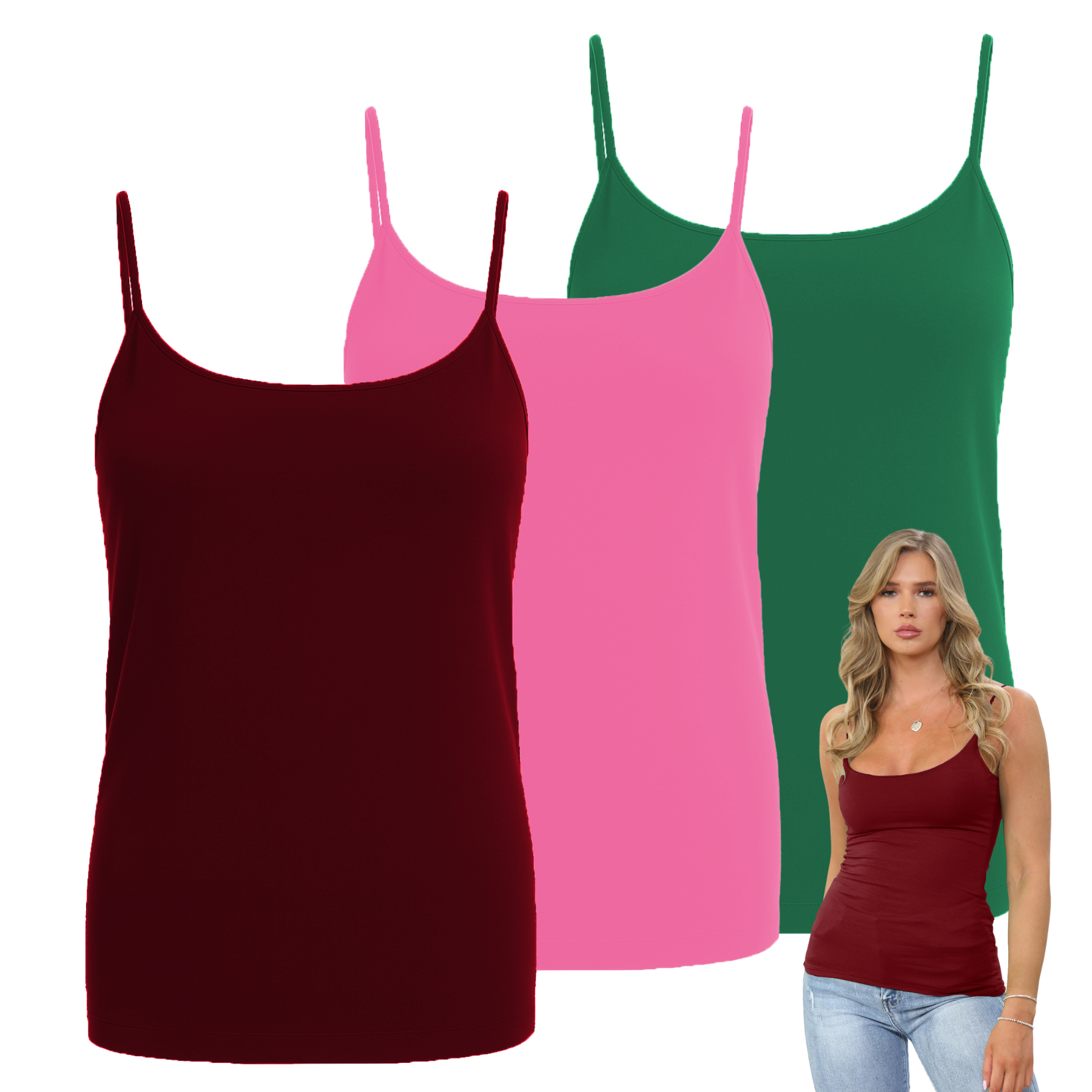 Womens Bodycon Cami Strappy Tank Top Plain Summer Activewear Vest Top, Pack of 3 - Picture 220 of 221